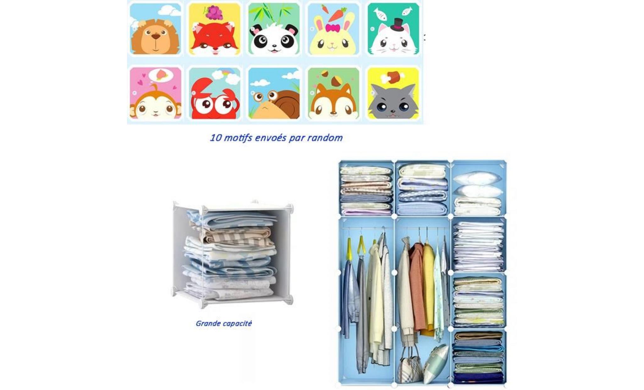 armoires etagères plastiques enfants bleu, 12 cubes armoires meubles de rangement pour vêtements chaussures jouets cartoon pas cher