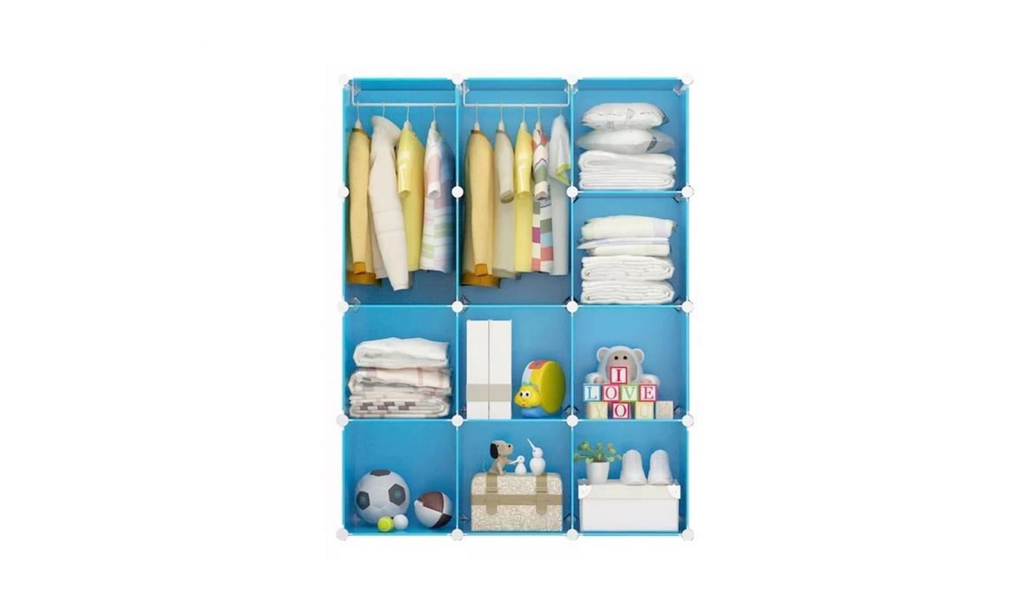 armoires etagères plastiques enfants bleu, 12 cubes armoires meubles de rangement pour vêtements chaussures jouets cartoon pas cher