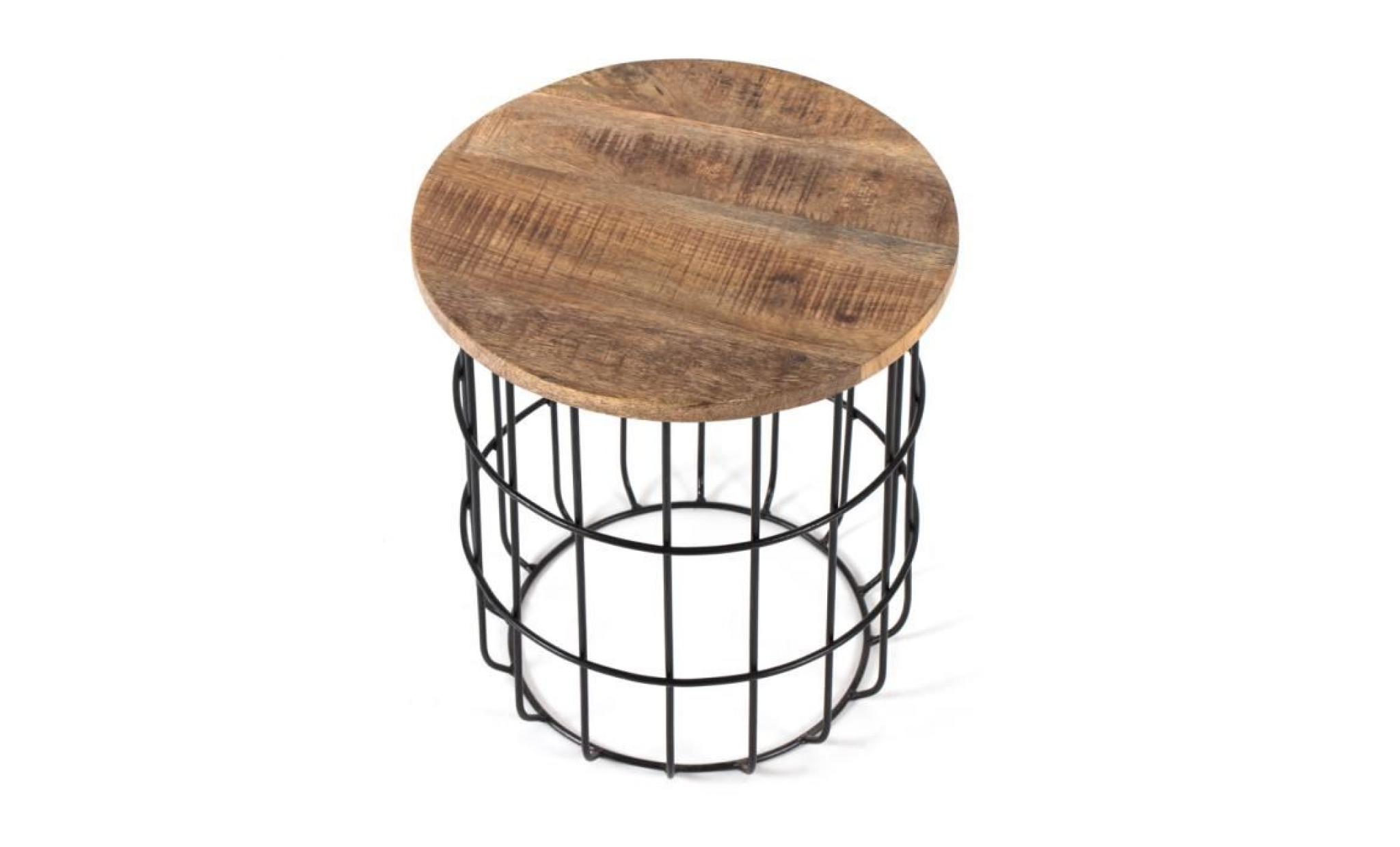 auxon   table d'appoint ronde artisanale en bois de manguier naturel & métal   retro, industriel, 40x40x45cm pas cher