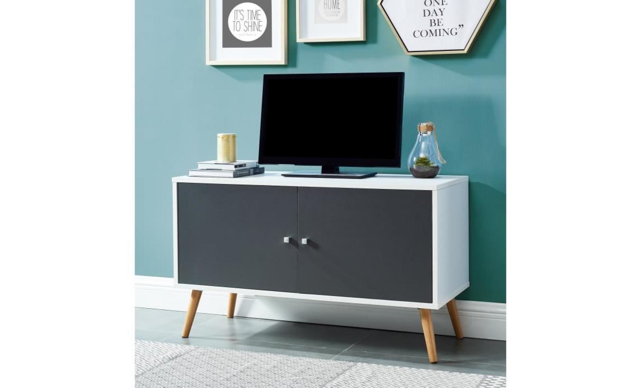 babette meuble tv scandinave décor blanc et gris + pieds bois   l 90 cm pas cher