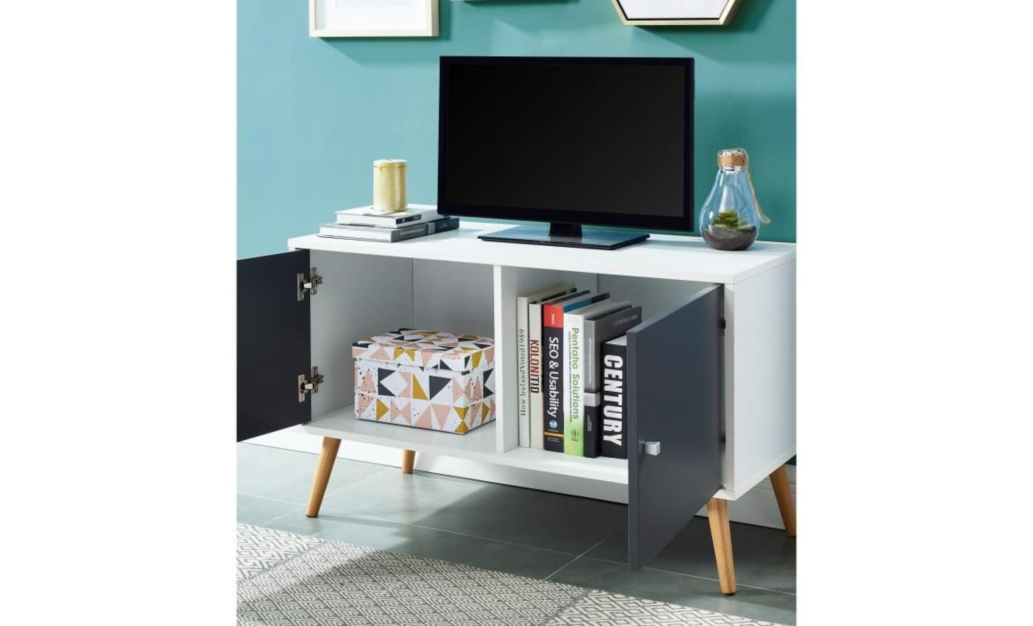babette meuble tv scandinave décor blanc et gris + pieds bois   l 90 cm pas cher