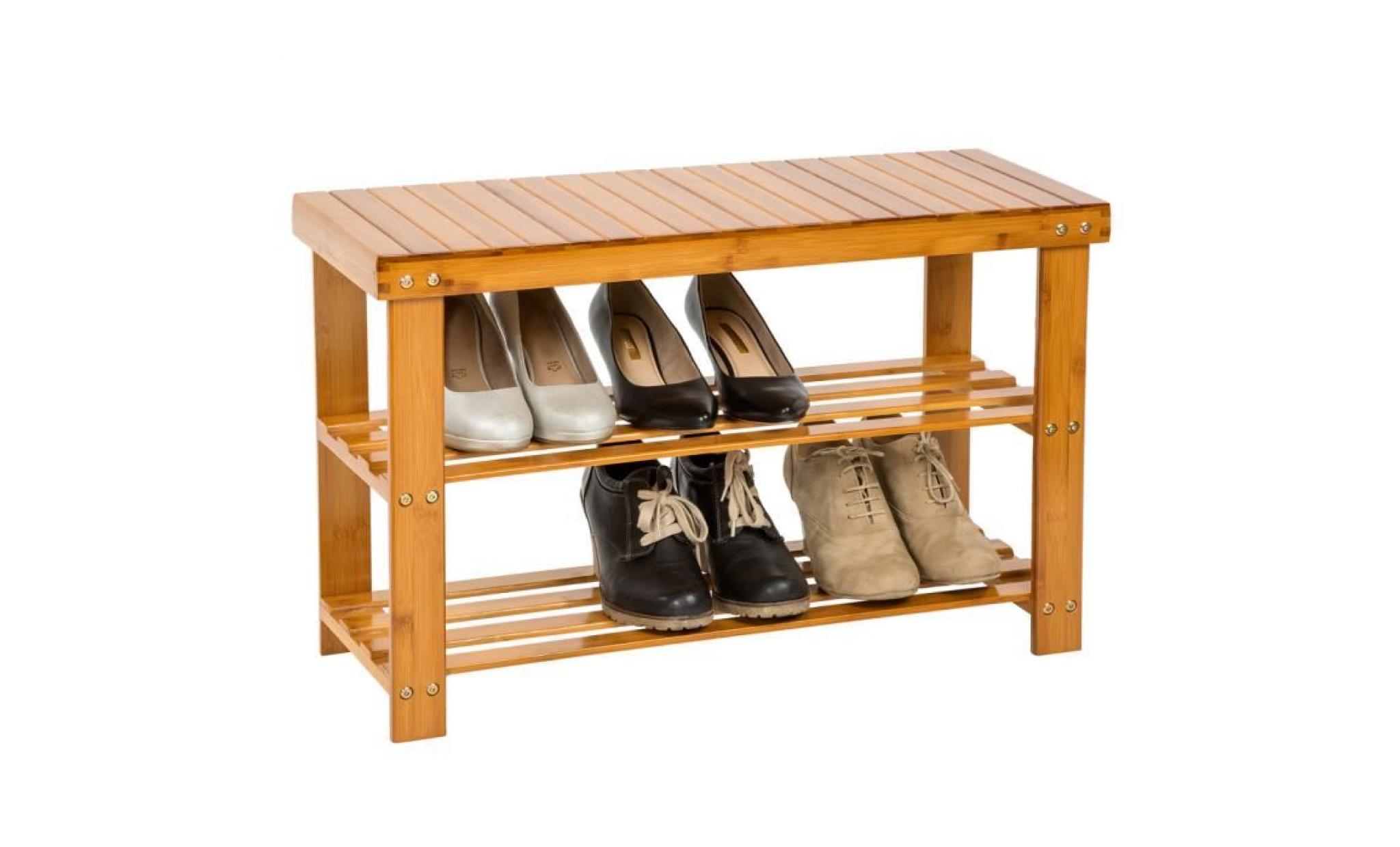 tectake meuble à chaussures d'entrée, Étagère à chaussures, banc, meuble de rangement en bambou 87 cm x 28 cm x 45,5 cm pas cher