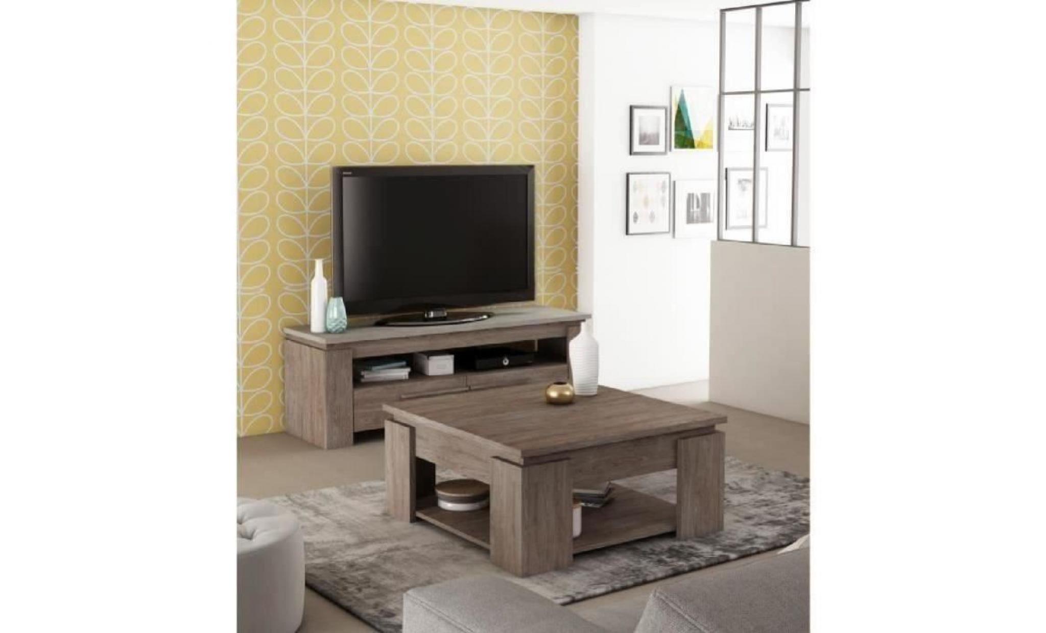 bastille meuble tv contemporain coloris béton clair et décor noyer   l 138 cm pas cher