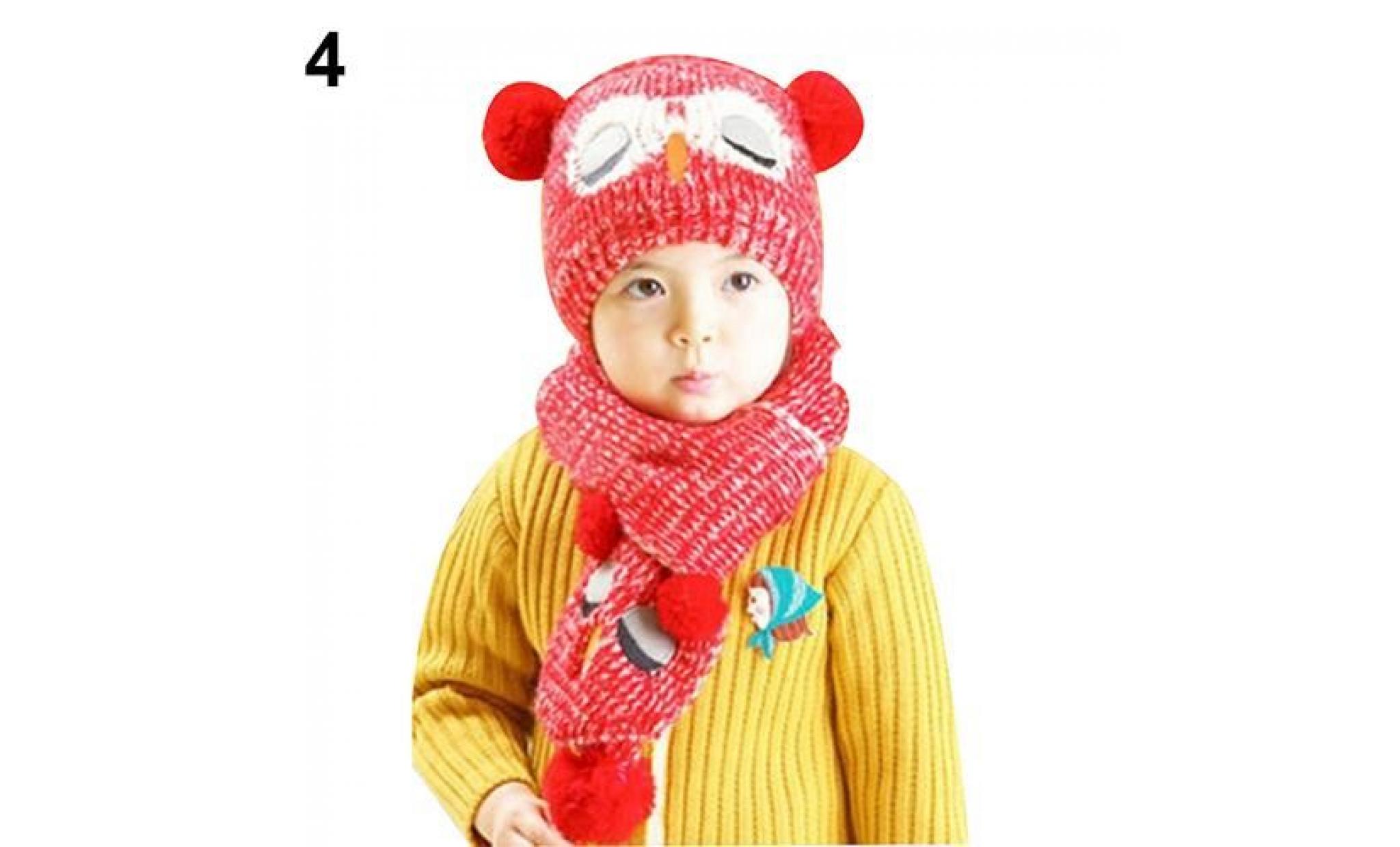 bébé enfants filles garçons chouette en forme de capuchon hiver tricot plus chaud bonnet Écharpe ensemble rouge