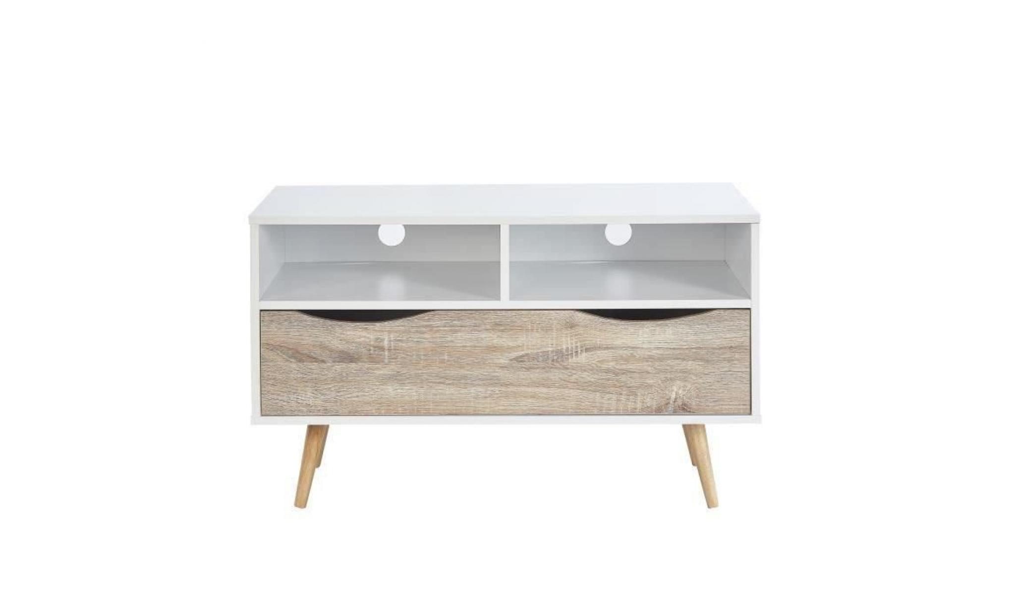 bela meuble tv scandinave blanc et décor chêne mat + pieds en bois massif   l 90 cm