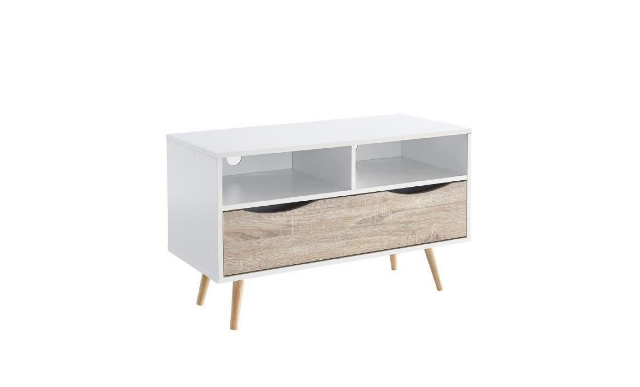 bela meuble tv scandinave blanc et décor chêne mat + pieds en bois massif   l 90 cm pas cher