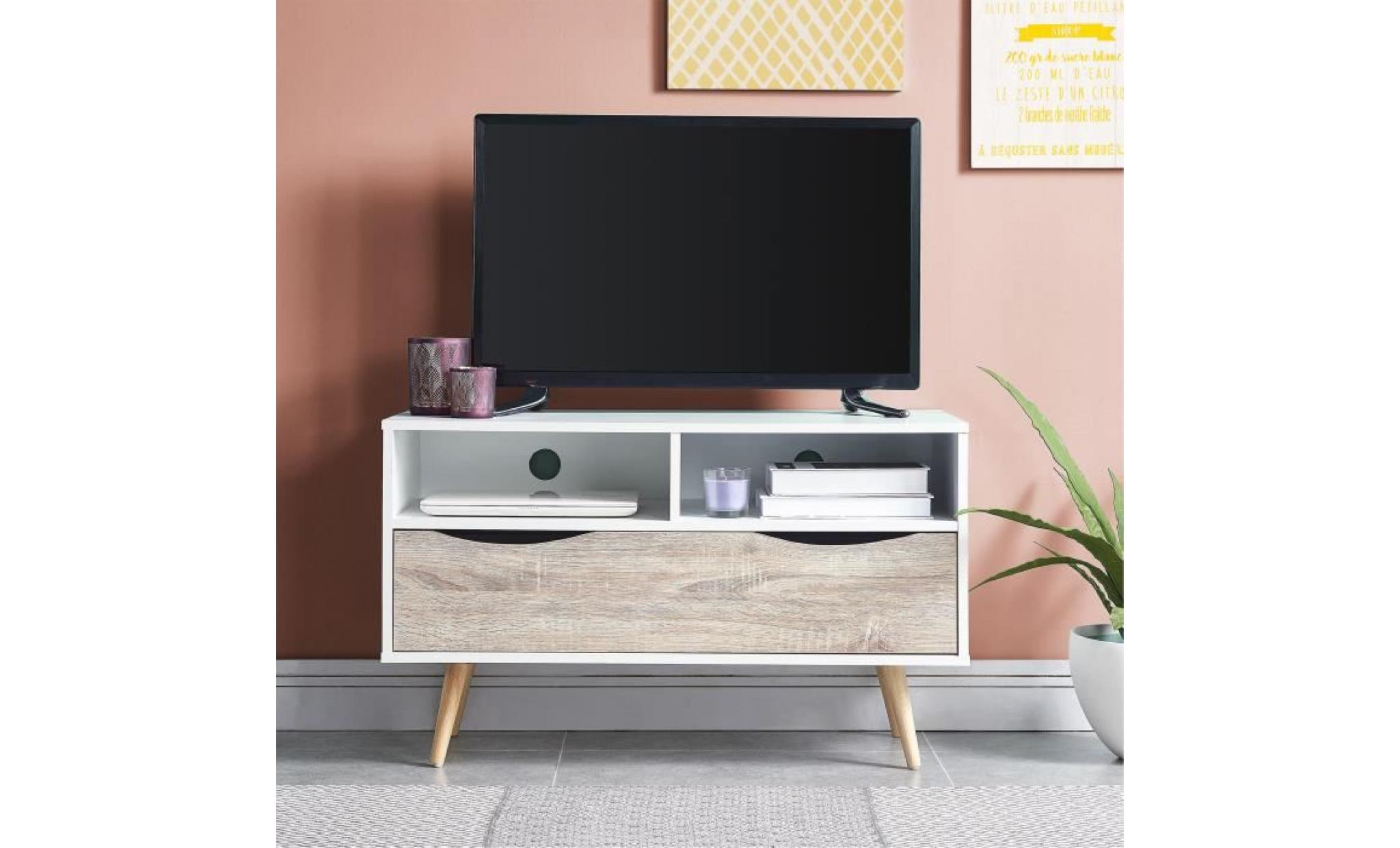 bela meuble tv scandinave blanc et décor chêne mat + pieds en bois massif   l 90 cm pas cher