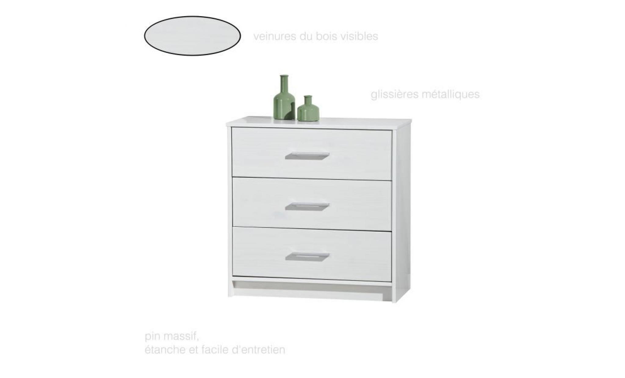 commode moderne 3 tiroirs, commode en pin massif, commode chambre blanche, commode rangement, commode chambre adulte, commode large