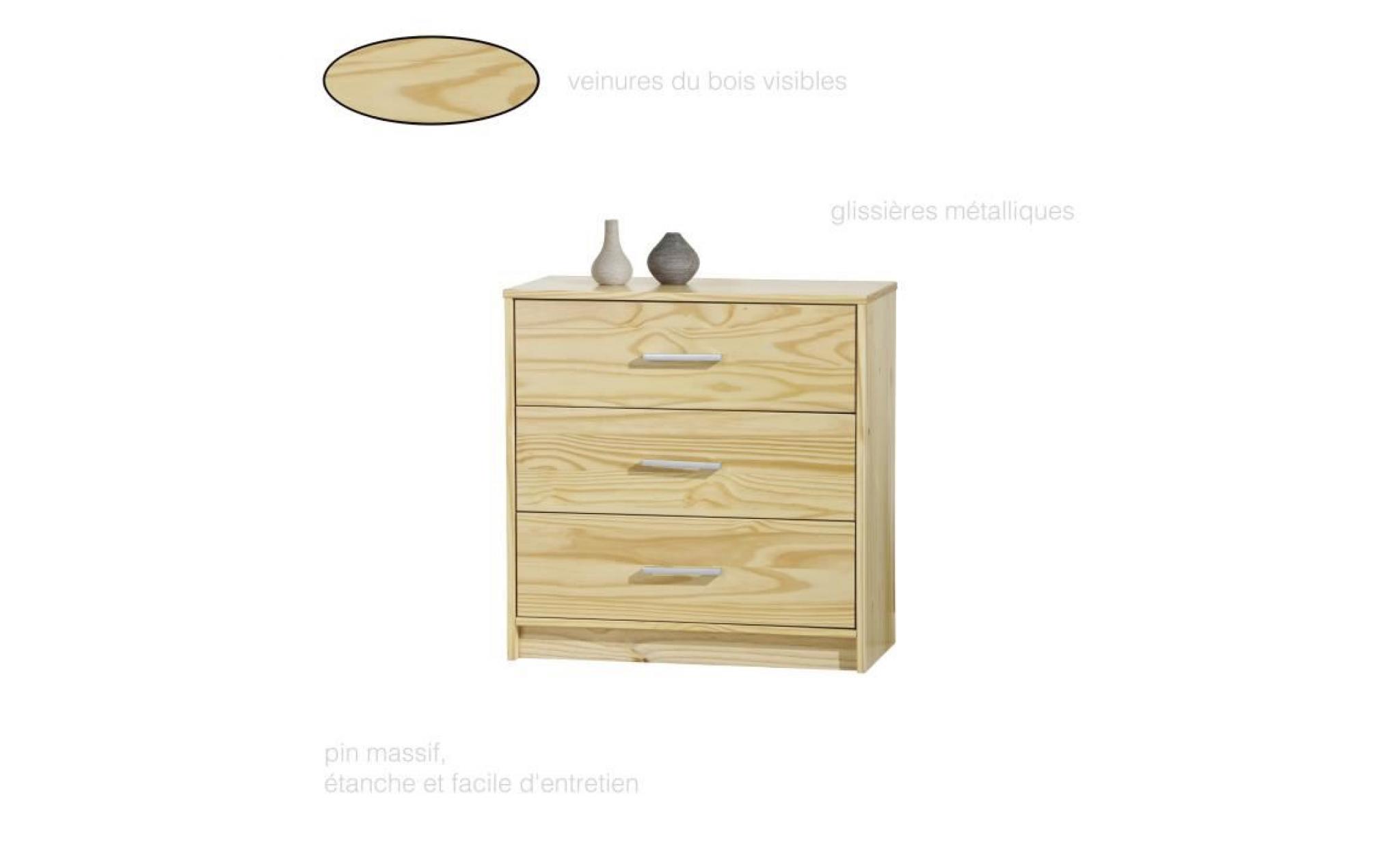 commode moderne 3 tiroirs, commode en pin massif naturel, commode chambre, commode rangement, commode chambre adulte, commode large
