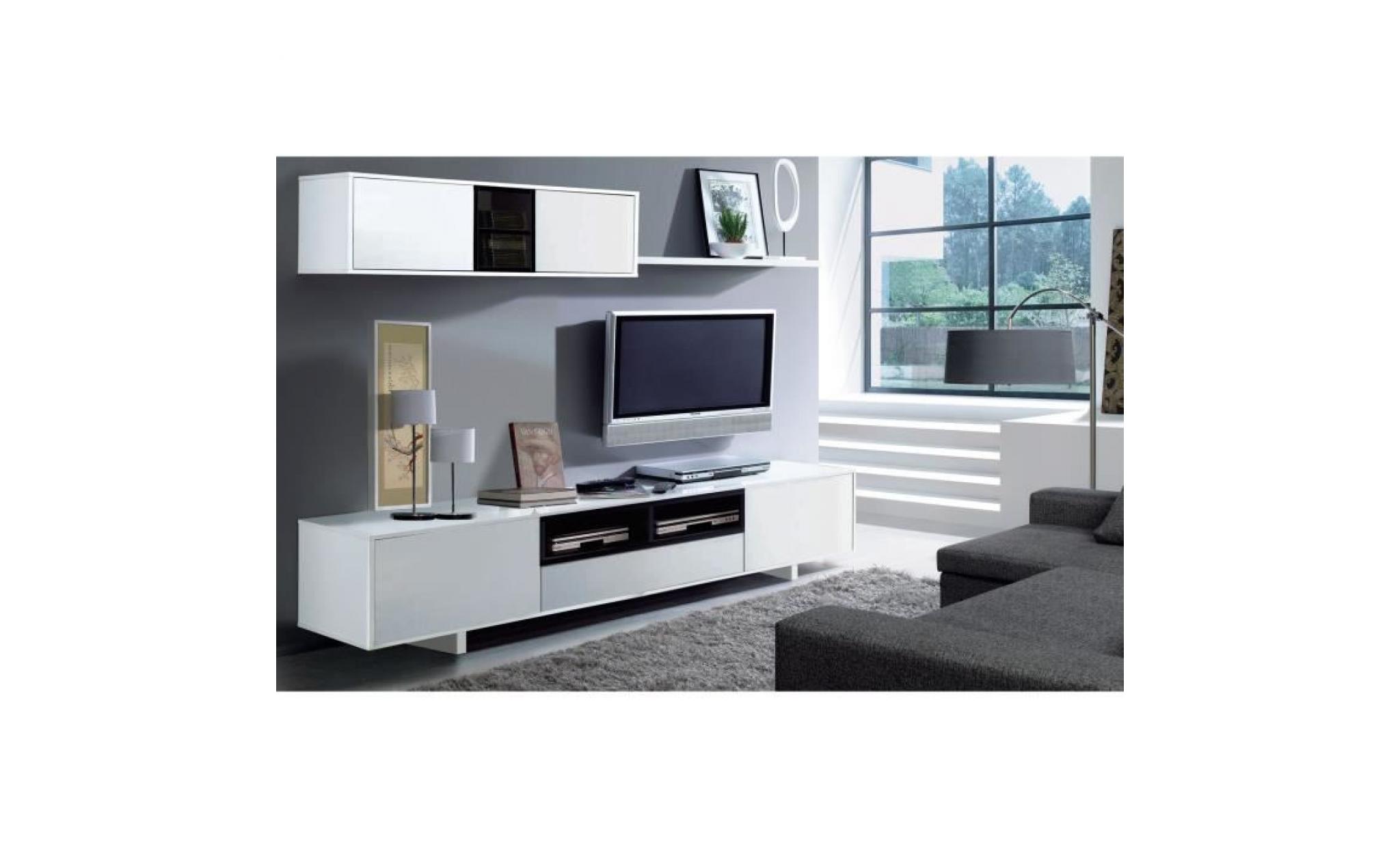 belus meuble tv mural contemporain noir et blanc brillant   l 200 cm