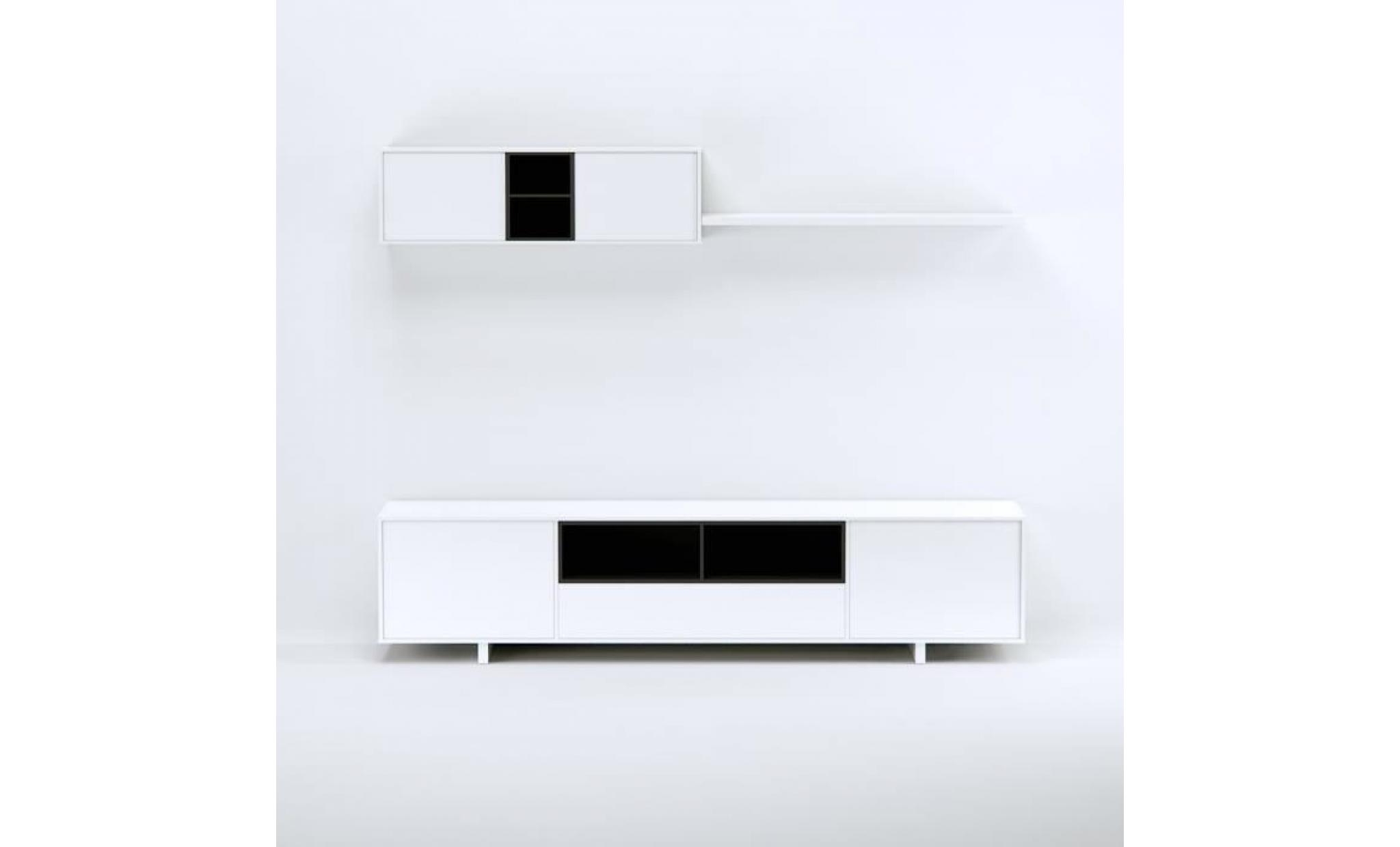 belus meuble tv mural contemporain noir et blanc brillant   l 200 cm pas cher