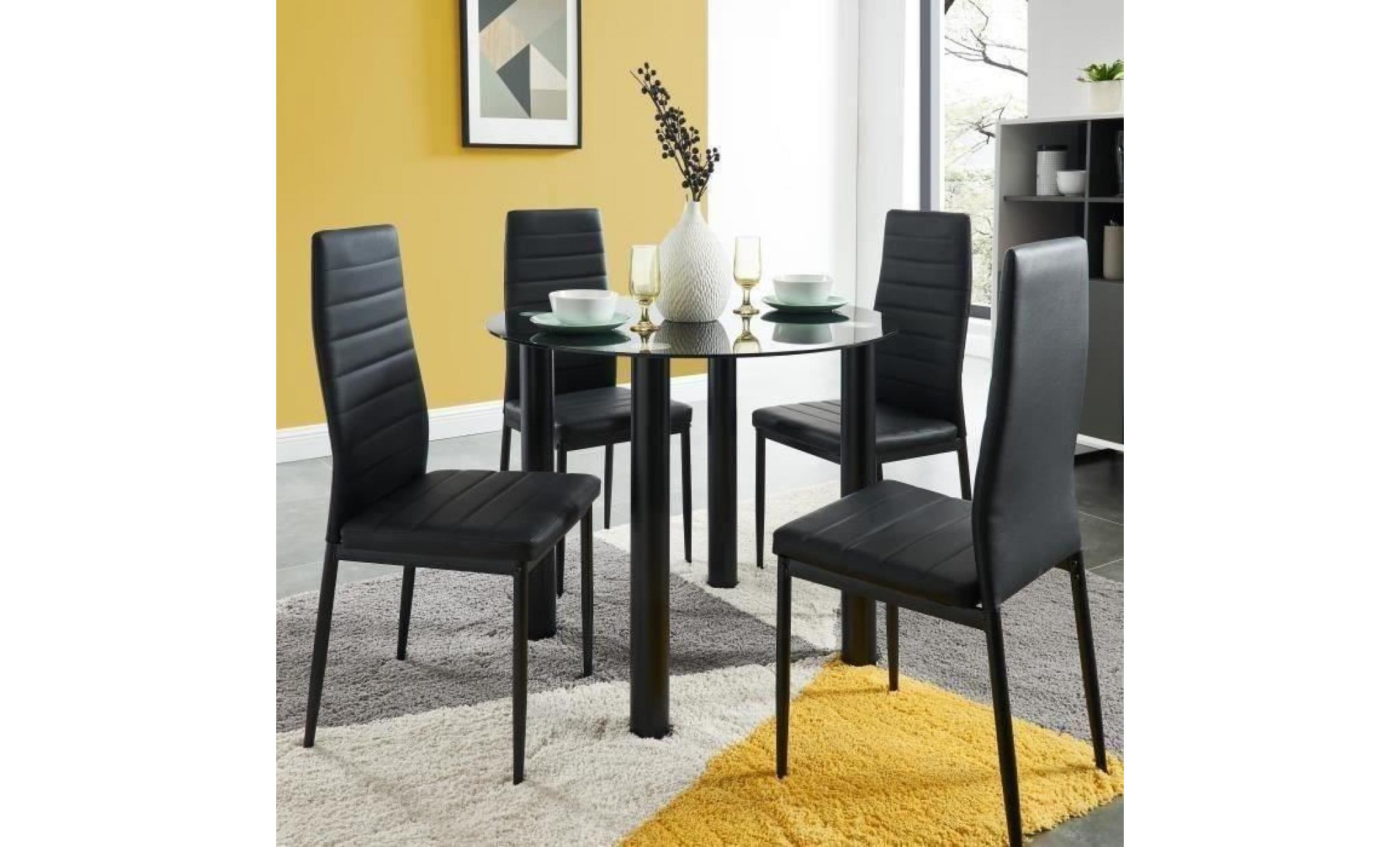 berenice ensemble table à manger ronde en verre 4 personnes 90 cm + 4 chaises en simili   noir