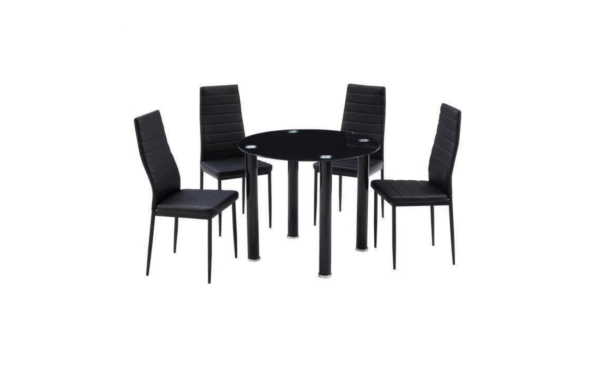 berenice ensemble table à manger ronde en verre 4 personnes 90 cm + 4 chaises en simili   noir pas cher