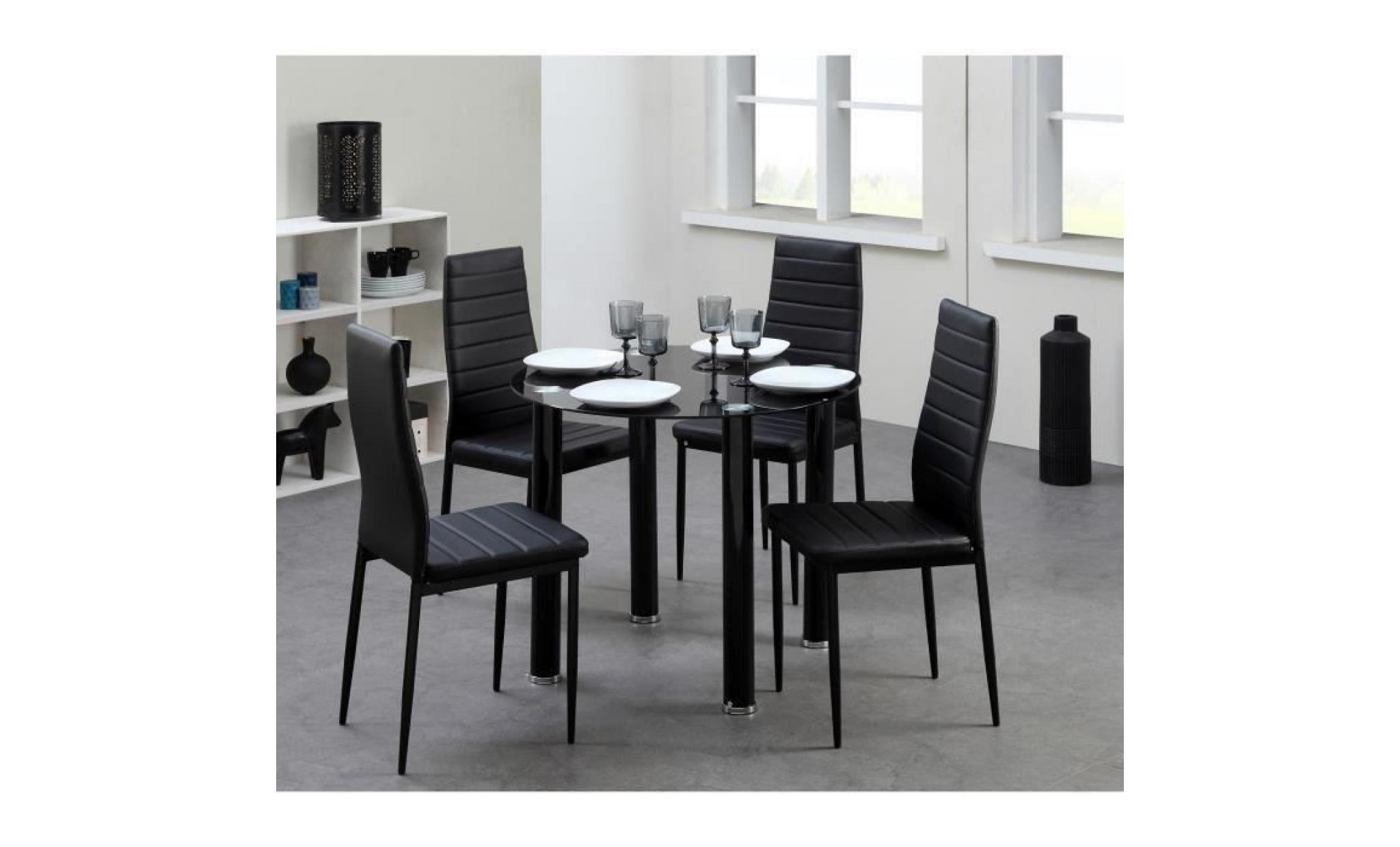 berenice ensemble table à manger ronde en verre 4 personnes 90 cm + 4 chaises en simili   noir pas cher