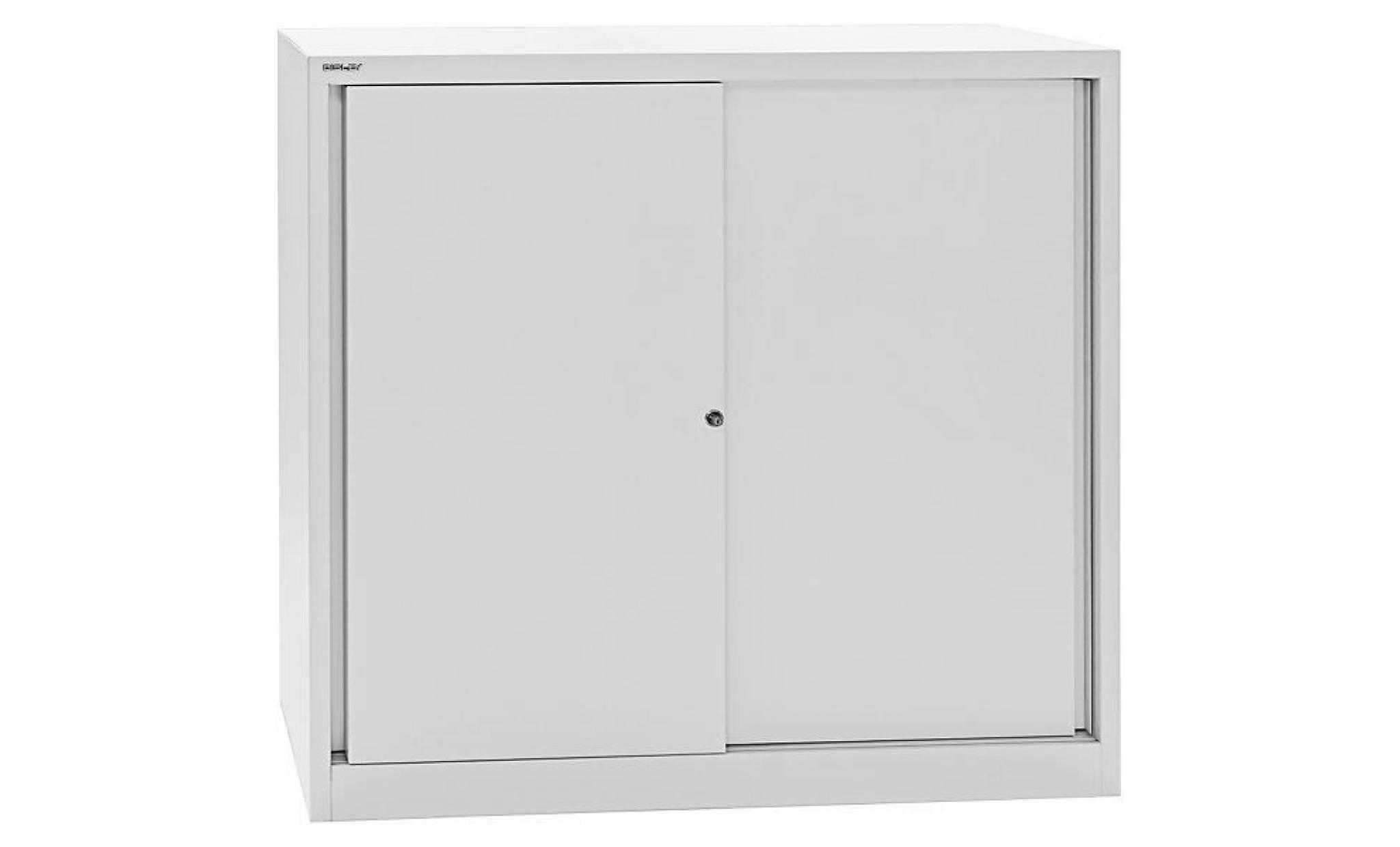 bisley armoire à portes coulissantes eco   2 tablettes, 3 hauteurs de classeurs gris clair   armoire d'atelier armoire de bureau