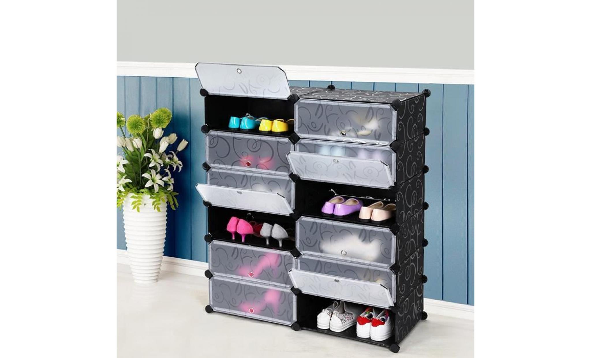 armoire à chaussures meuble à chaussures etagère avec portes plastique 12 cubes facile à monter, etagère de rangement pratique pas cher