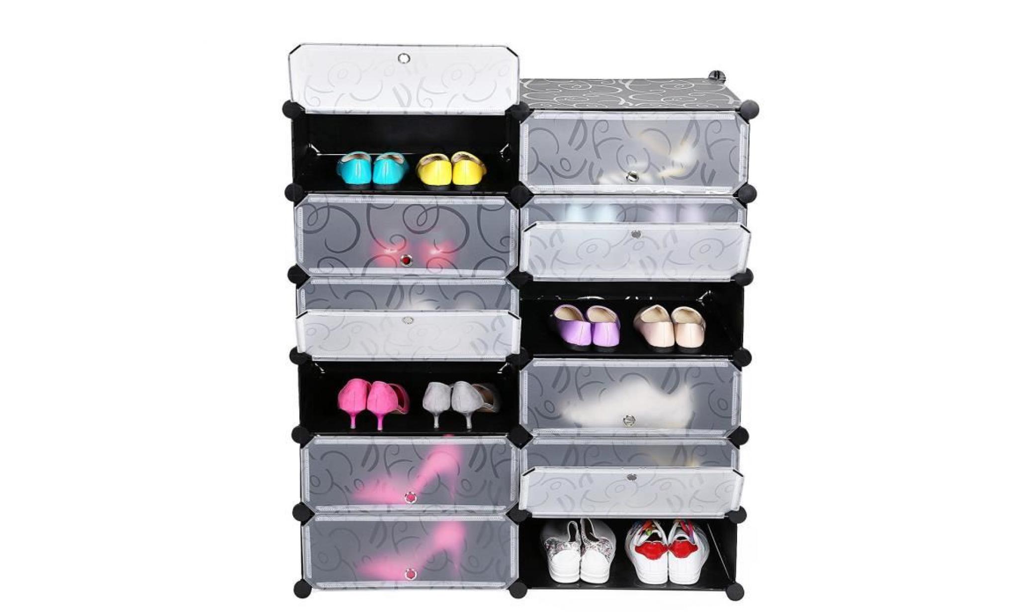 armoire à chaussures meuble à chaussures etagère avec portes plastique 12 cubes facile à monter, etagère de rangement pratique pas cher