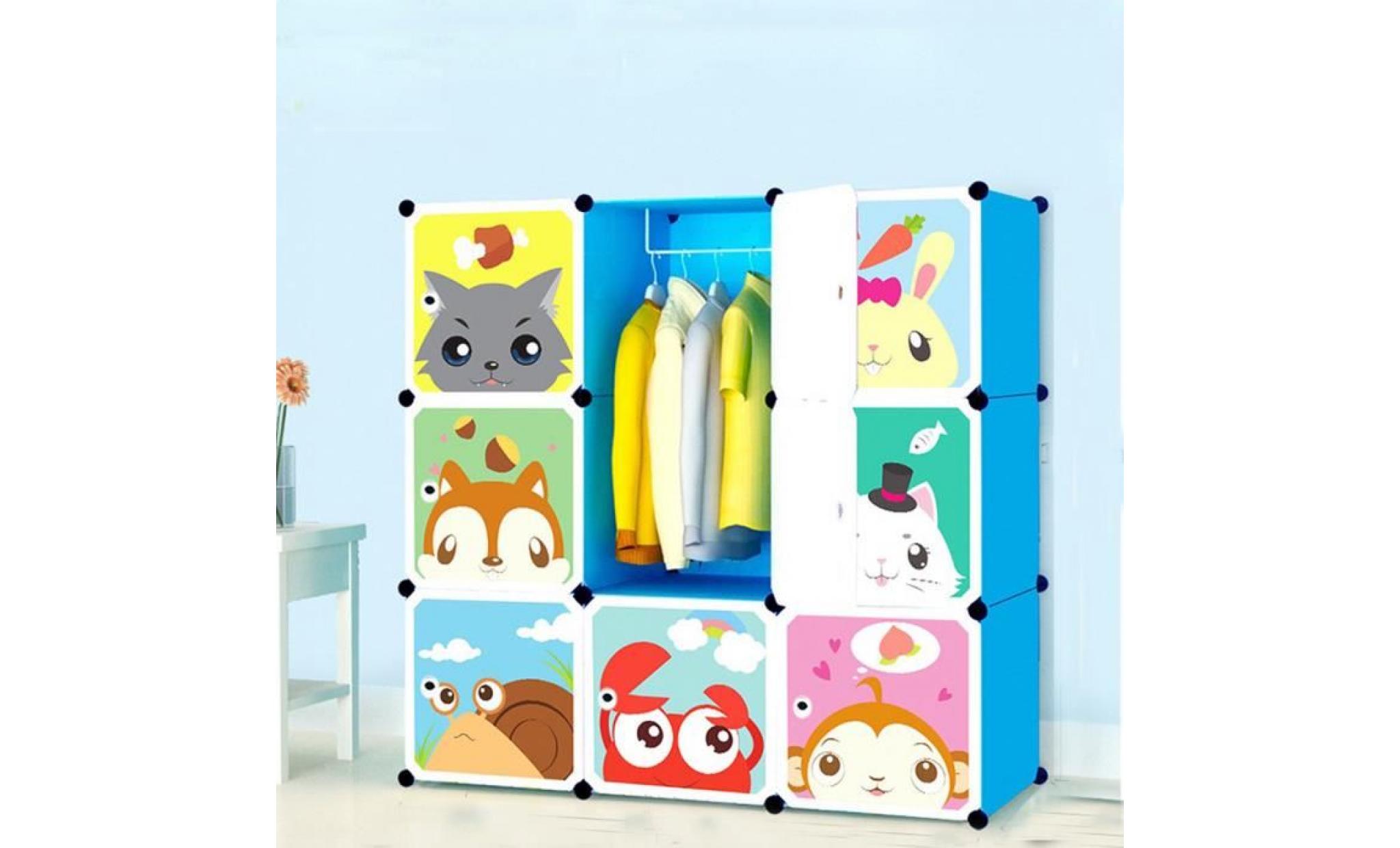 armoire de rangement enfants bleu etagère plastique, 9 cubes armoire meuble de chambre pour vêtements chaussures jouets cartoon