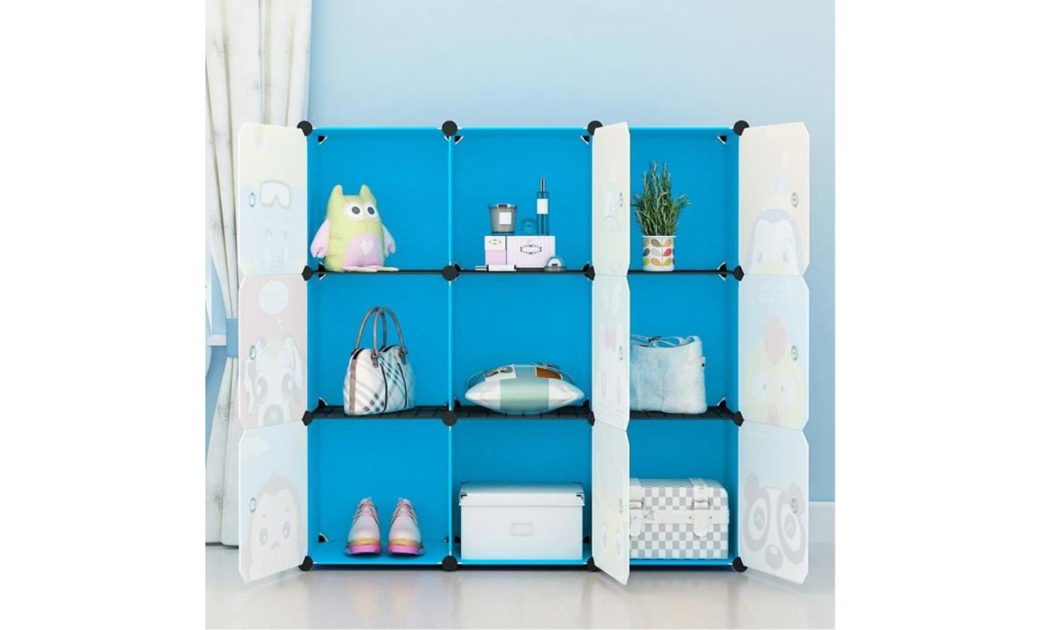 armoire de rangement enfants bleu etagère plastique, 9 cubes armoire meuble de chambre pour vêtements chaussures jouets cartoon pas cher