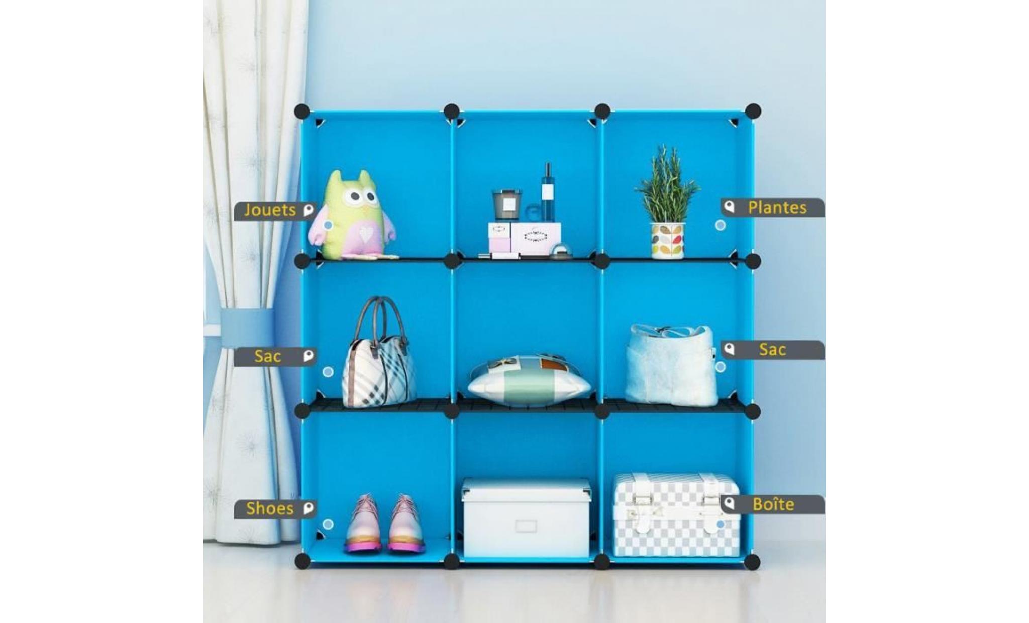 armoire de rangement enfants bleu etagère plastique, 9 cubes armoire meuble de chambre pour vêtements chaussures jouets cartoon pas cher