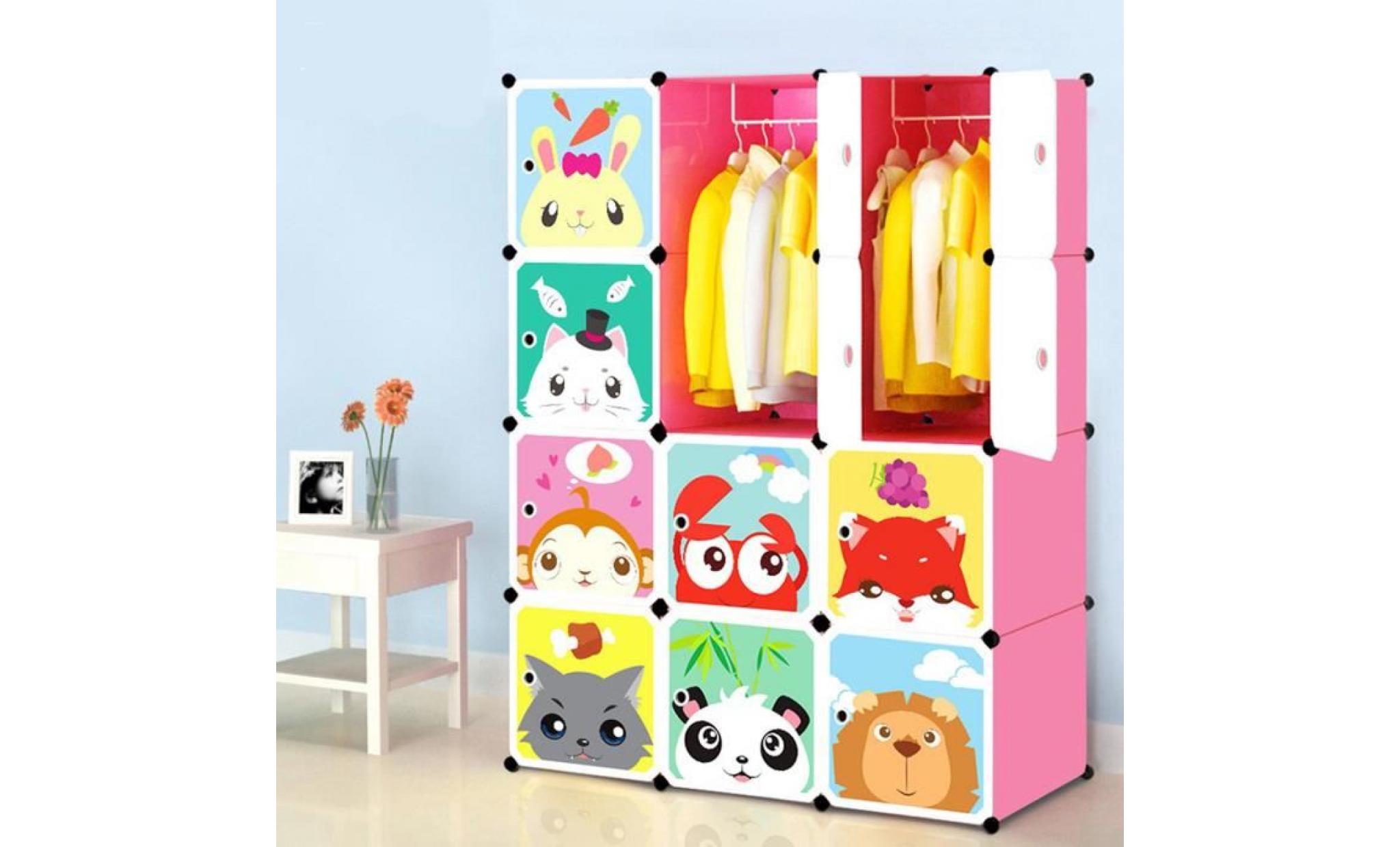 armoire de rangement etagère plastique enfants rose, 12 cubes armoire meuble de chambre pour vêtements chaussures jouets cartoon