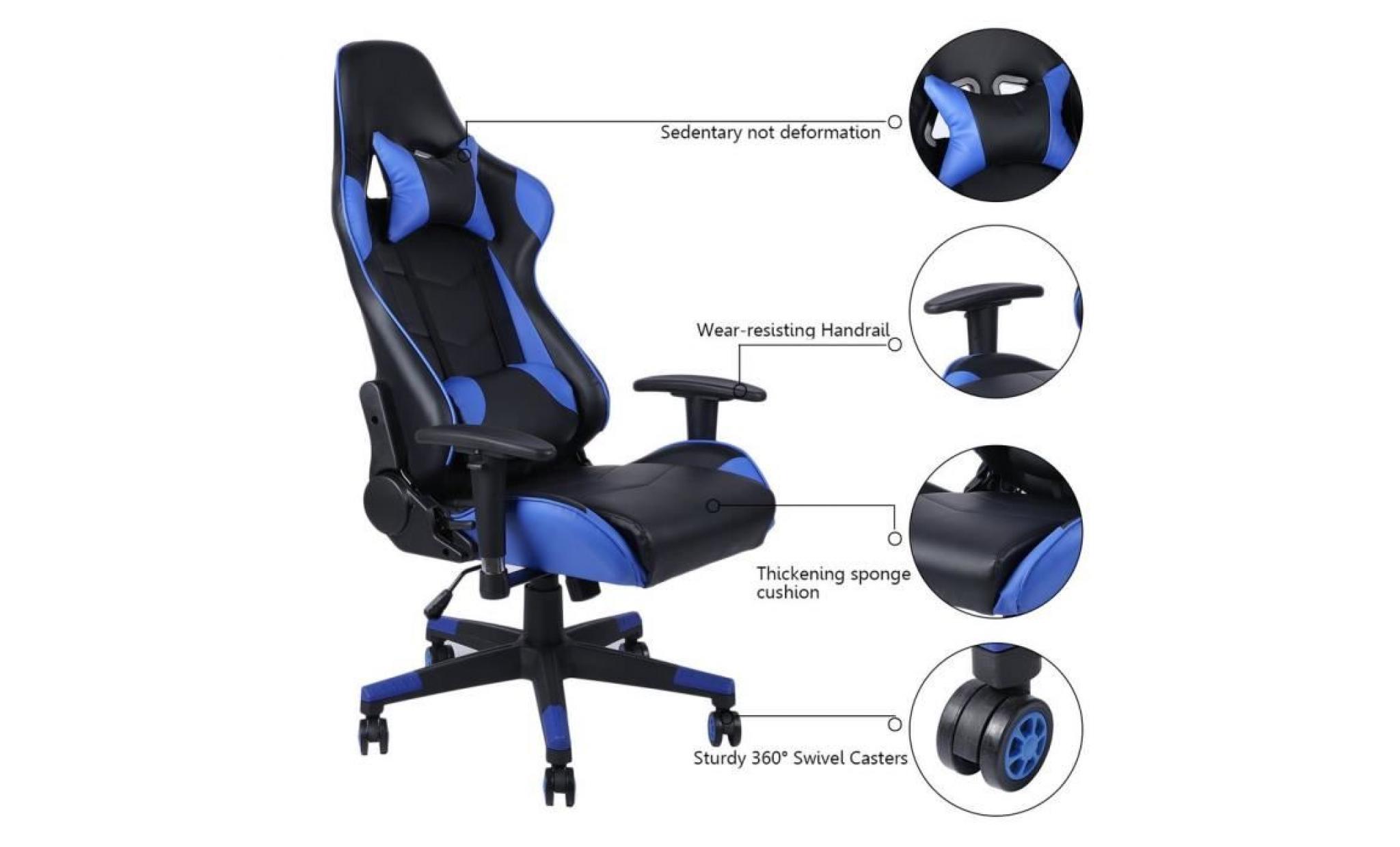 bleu fauteuil de jeu pivotant hauteur réglable faux cuir confortable chaise de bureau maison