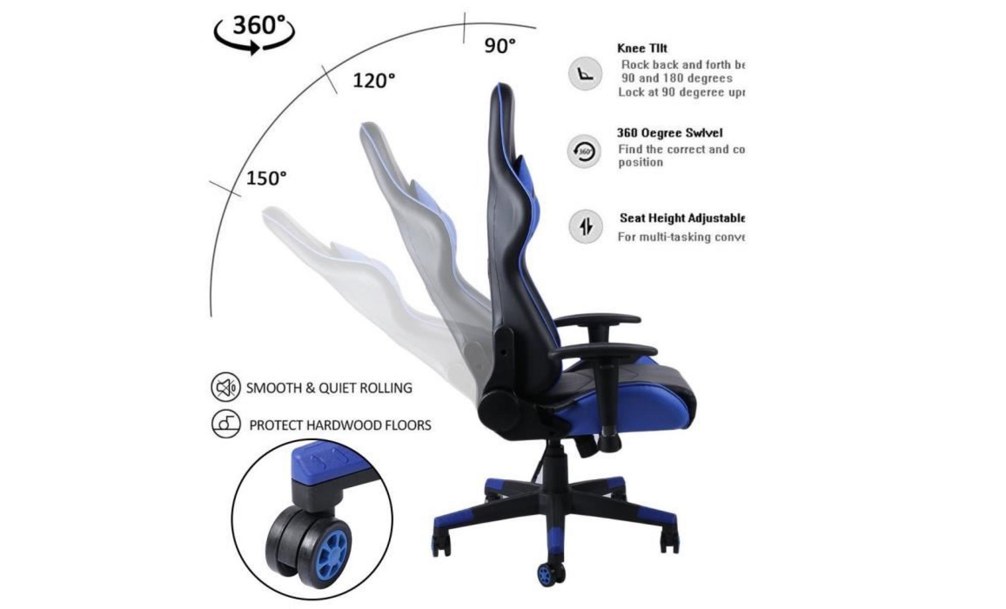 bleu fauteuil de jeu pivotant hauteur réglable faux cuir confortable chaise de bureau maison pas cher