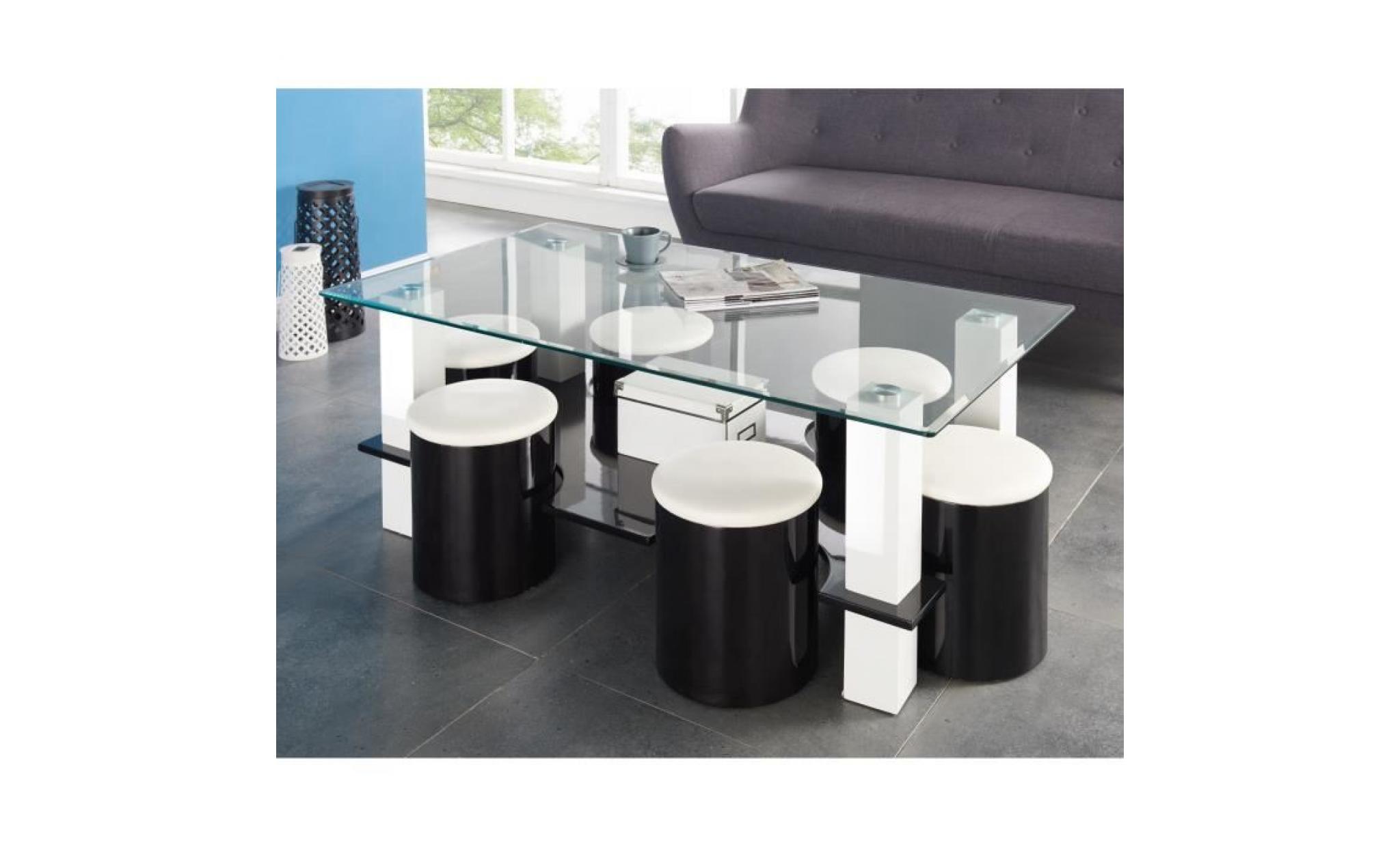 bodega table basse + 6 poufs contemporain mdf noir et blanc   l 130 x p 70 cm noir