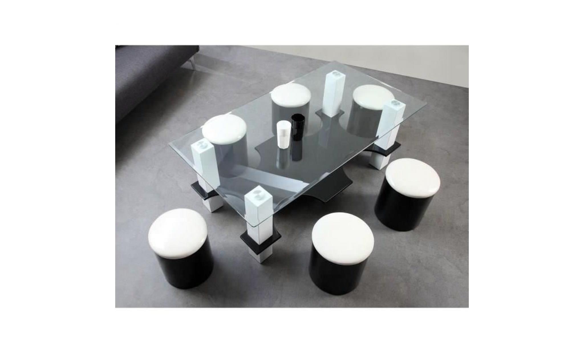 bodega table basse + 6 poufs contemporain mdf noir et blanc   l 130 x p 70 cm noir pas cher