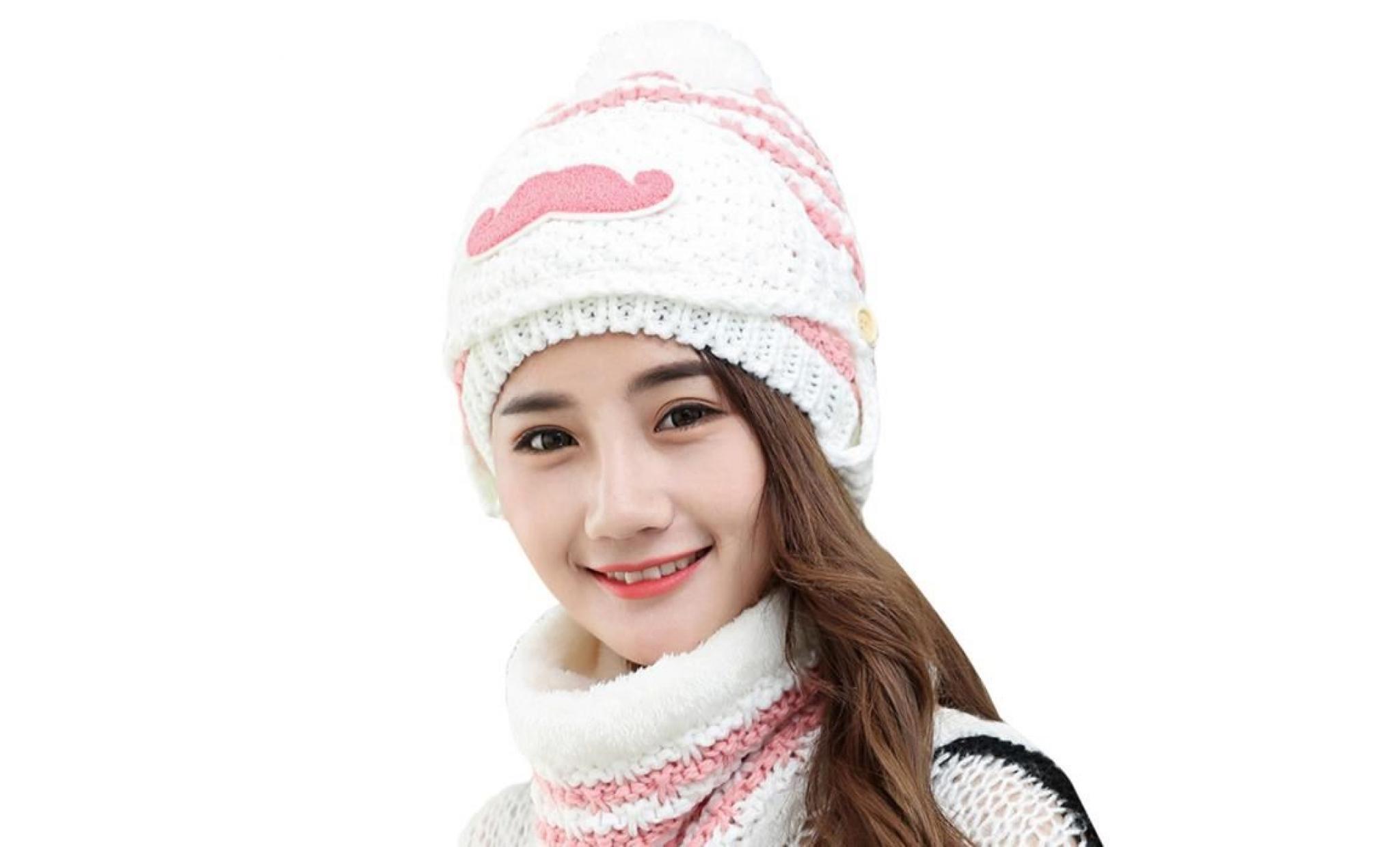 bonnet hiver chaud pour femme en tricot avec bonnet bobble en plein air masque de bouche + foulard blanc