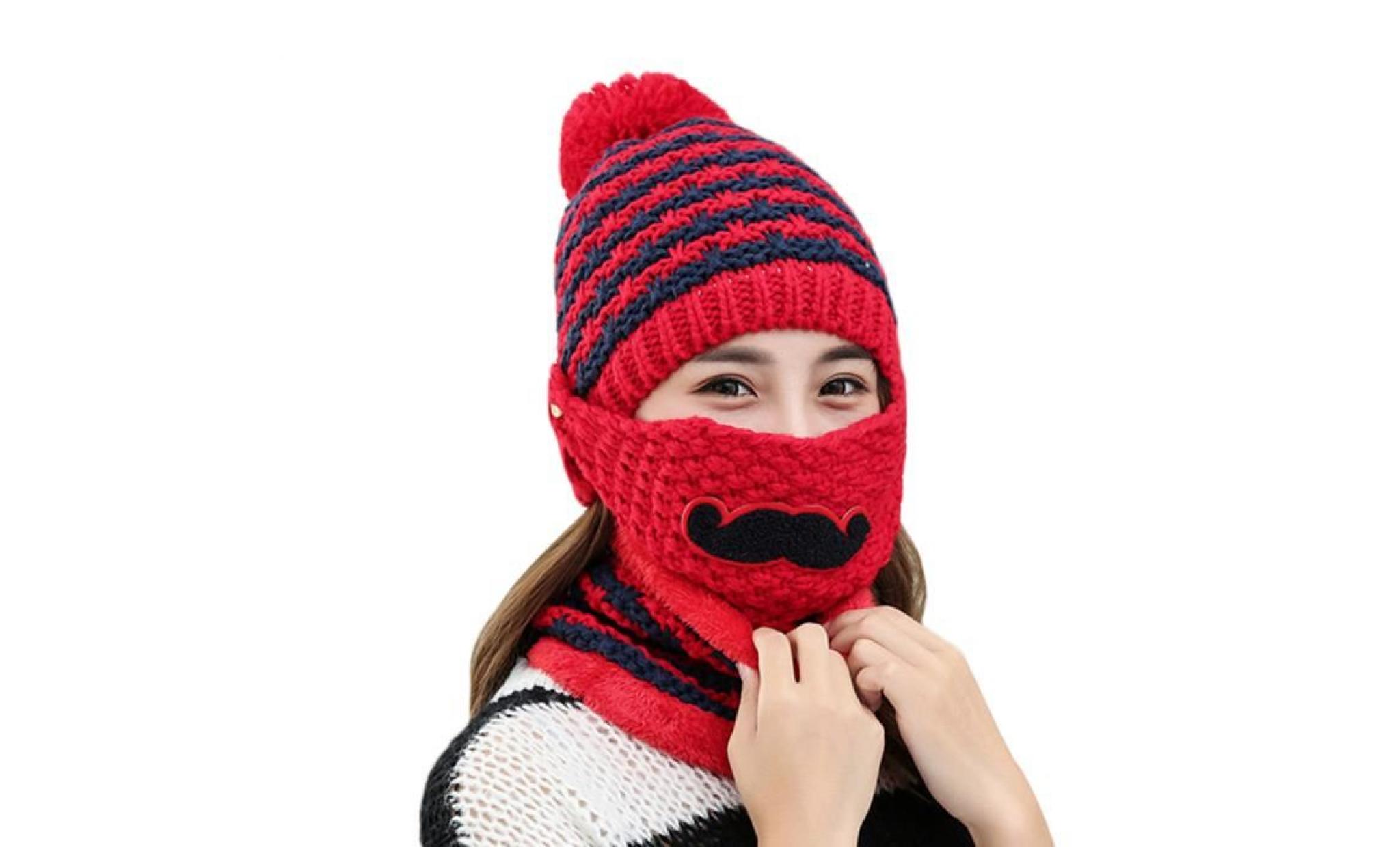 bonnet hiver chaud pour femme tricoté bobble hat extérieur masque de bouche + écharpe vin rouge