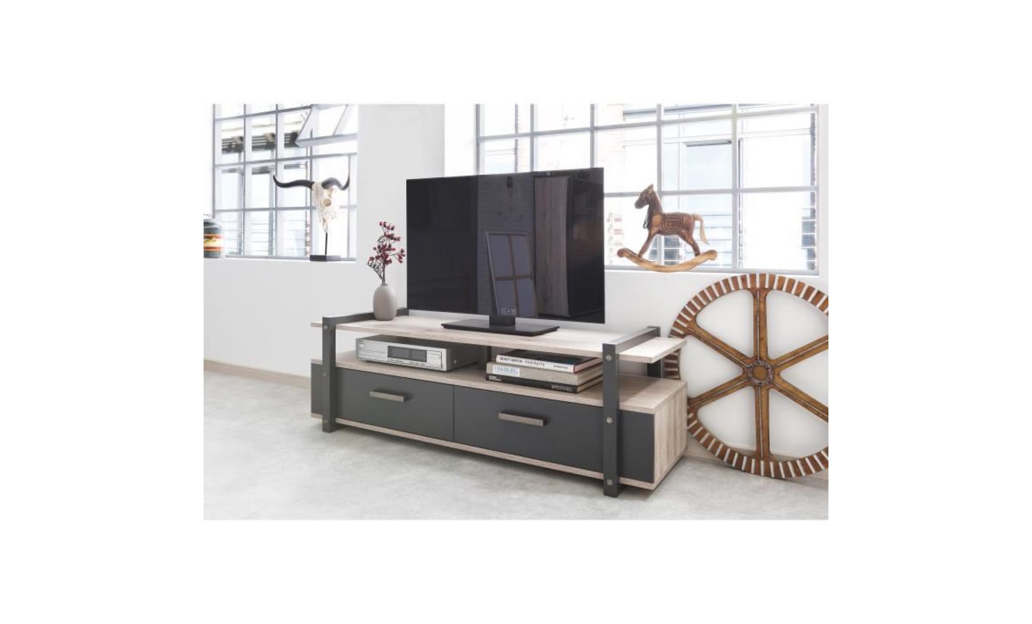 brooklyn meuble tv industriel décor chêne et gris anthracite   l 140 cm pas cher