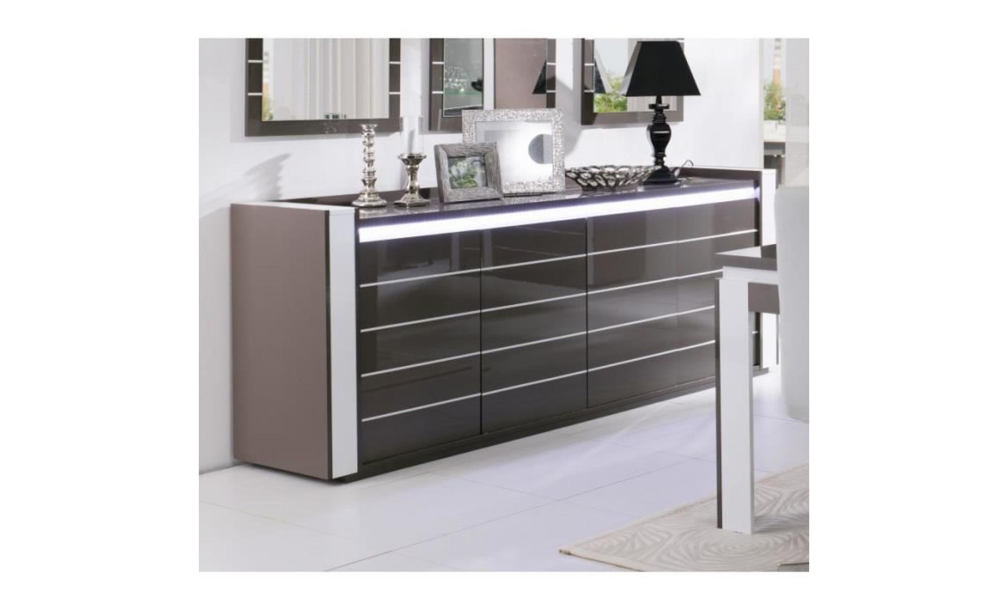 buffet, bahut, enfilade lina + led. meuble gris et blanc brillant, idéal pour votre salon, salle à manger. moderne et design