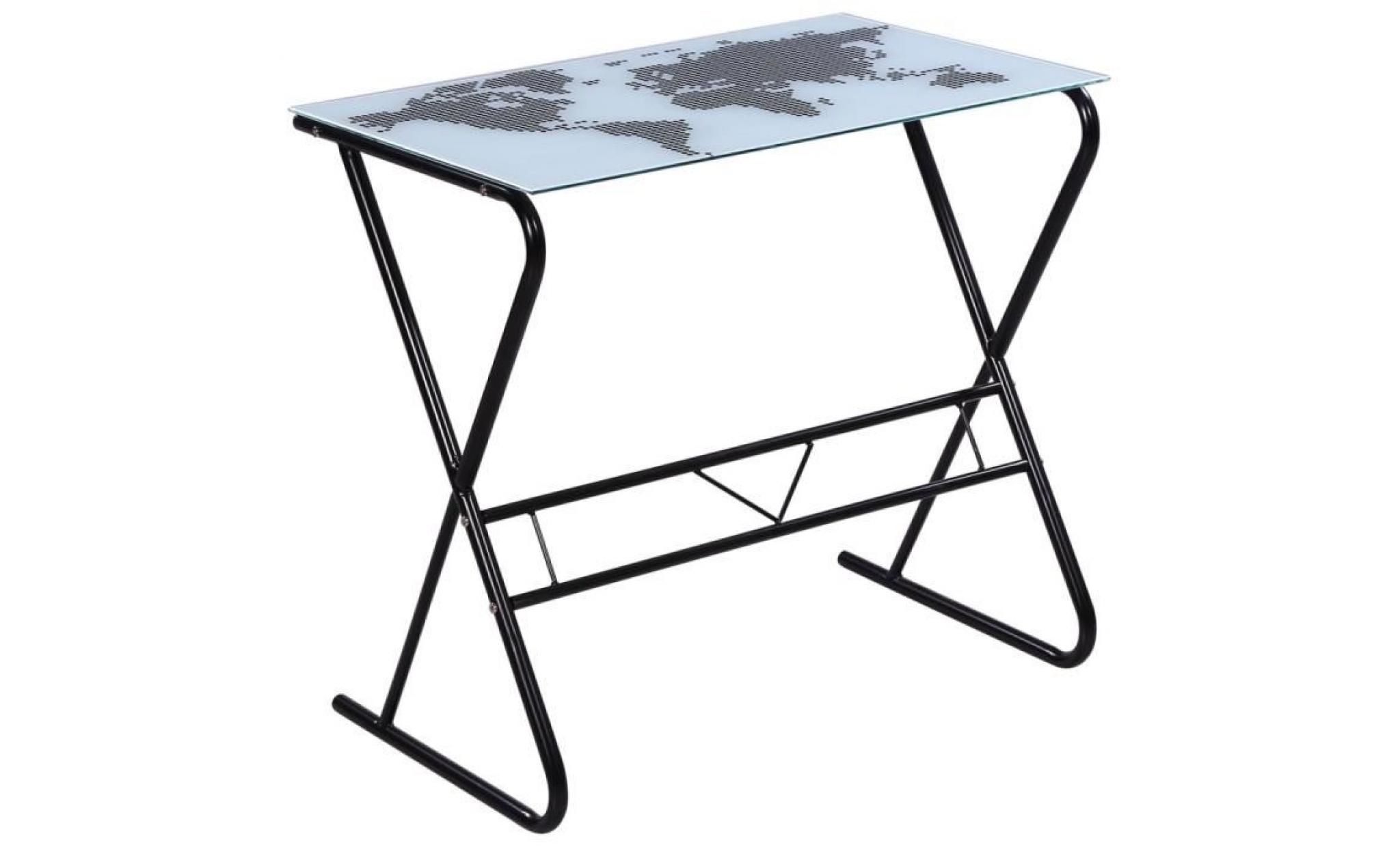 bureau table basse de motif de carte du monde avec tablette en verre trempé + cadre en fer 80 x 50 x 75 cm pas cher