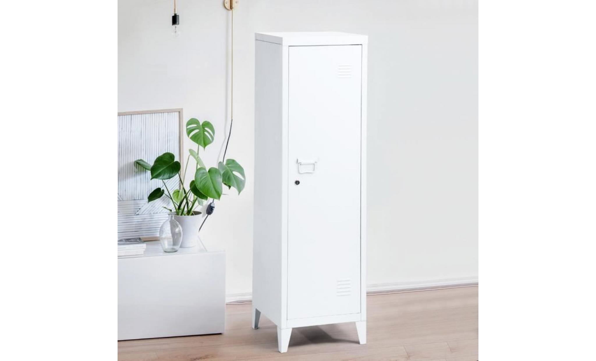 cabinet métal haut rangement armoire colonne 1 porte vérouillable etagères blanc