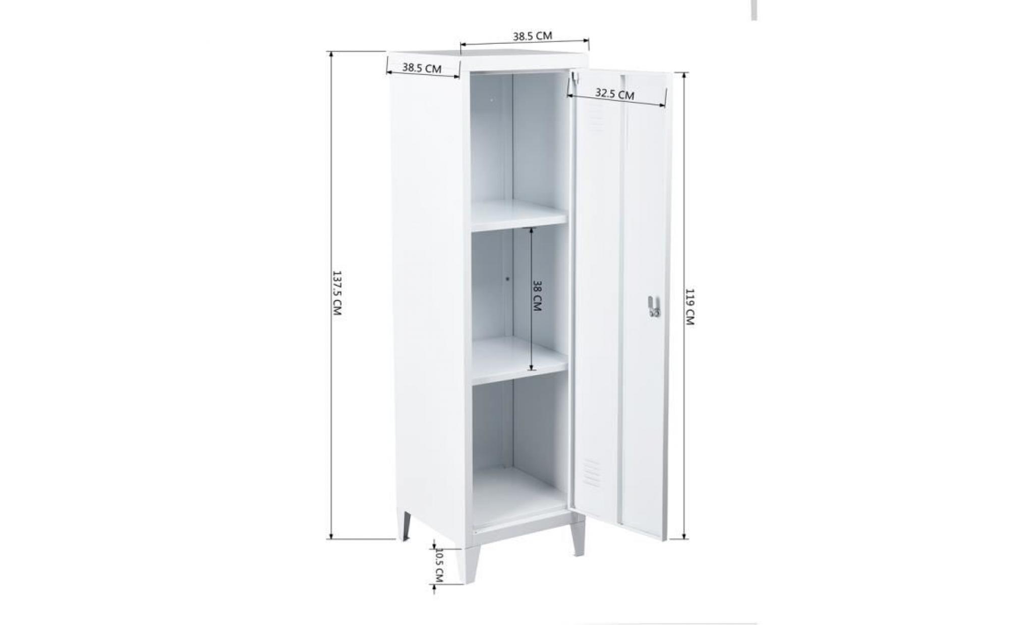 cabinet métal haut rangement armoire colonne 1 porte vérouillable etagères blanc pas cher