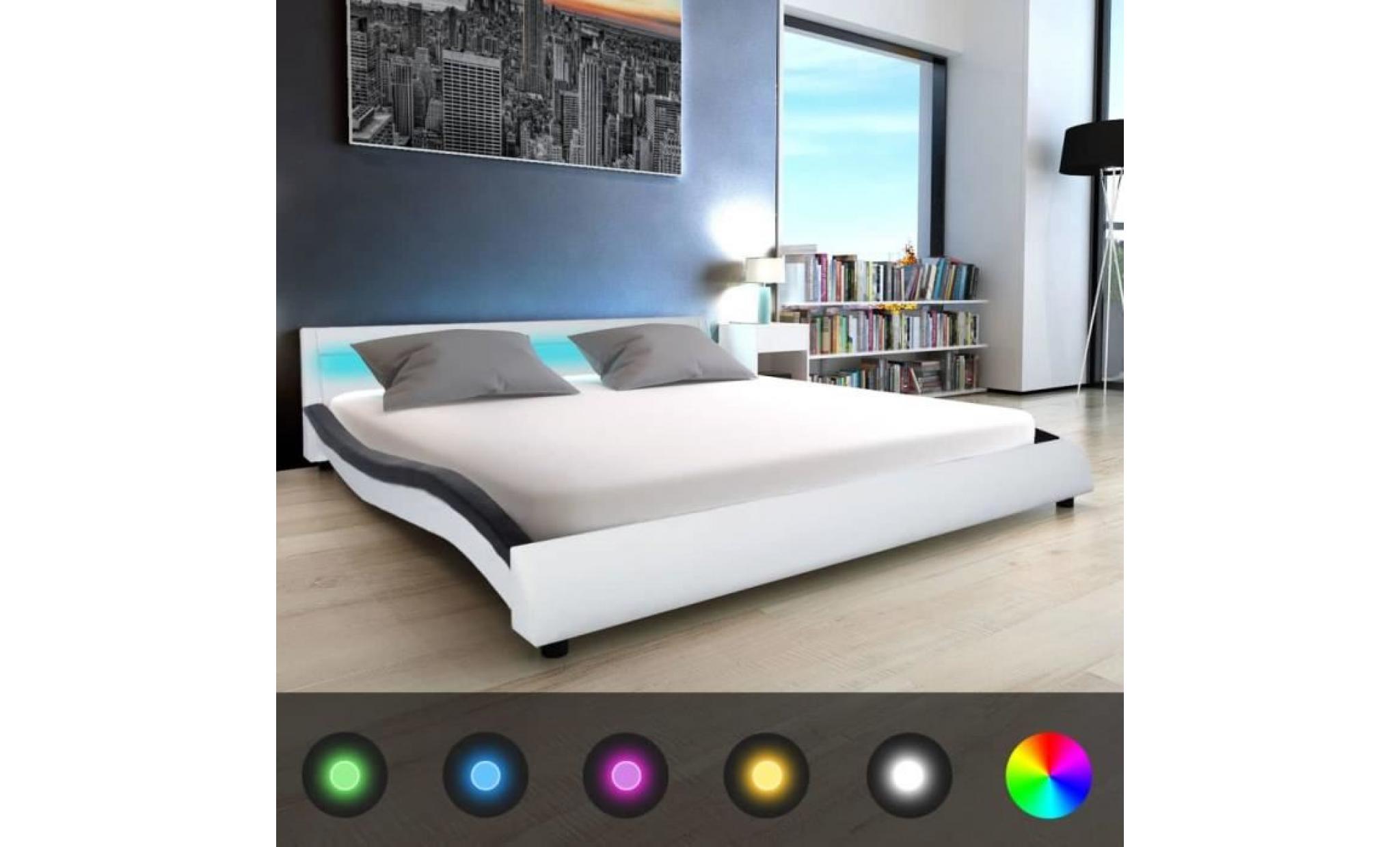 cadre de lit adulte contemporain structure métallique élégant dortoir chambre avec led190,5 x 226 x 56,cuir artificiel blanc et noir