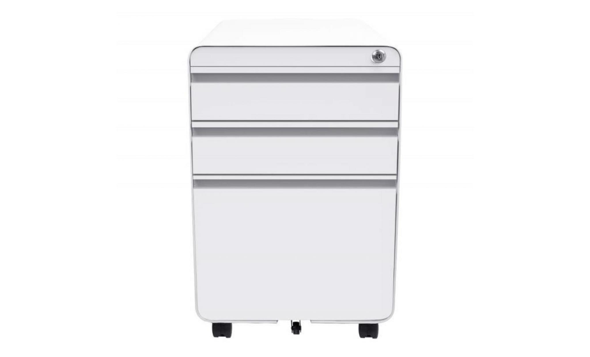 caisson blanc de bureau à roulette 3 tiroirs rangement dossier meuble armoire verrouillable classeur en métal 5 roues 40x50x 62cm