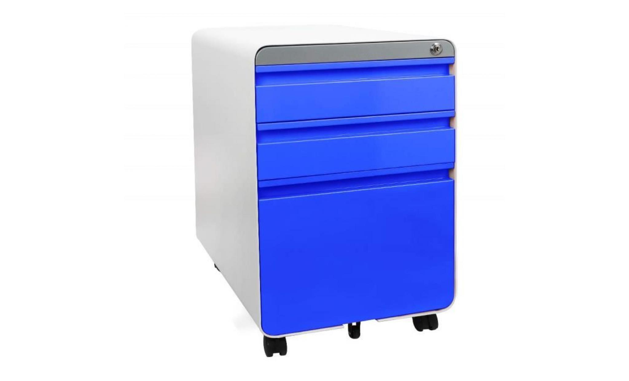 caisson blue de bureau à roulette 3 tiroirs rangement dossier meuble armoire verrouillable classeur en métal 5 roues 40x50x 62cm