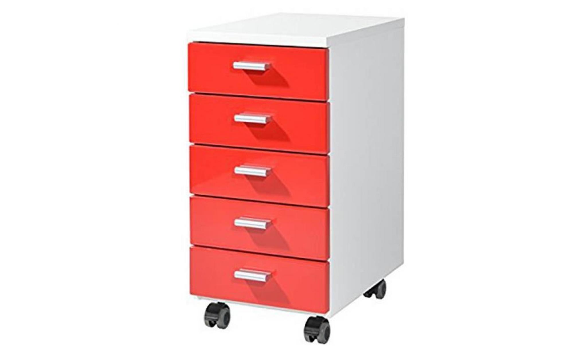 caisson de 5 tiroirs en panneaux de particules coloris blanc rouge   dim : l28 x h57 x p40 cm