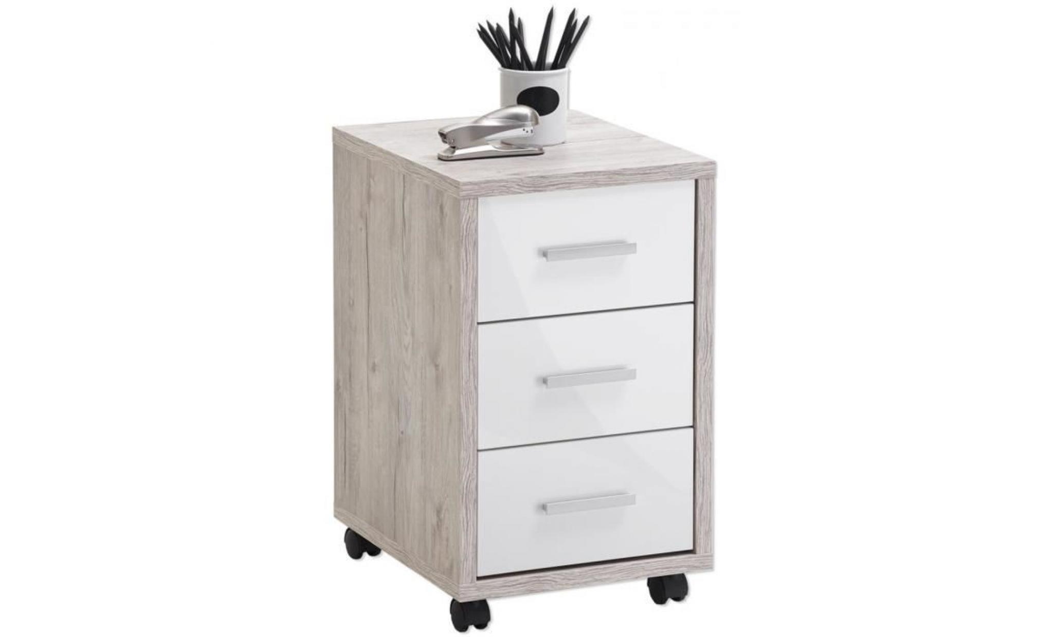 caisson de bureau sur roulettes avec 3 tiroirs coloris chêne sable   blanc brillant   dim : l 35 x h 59 x p 42 cm