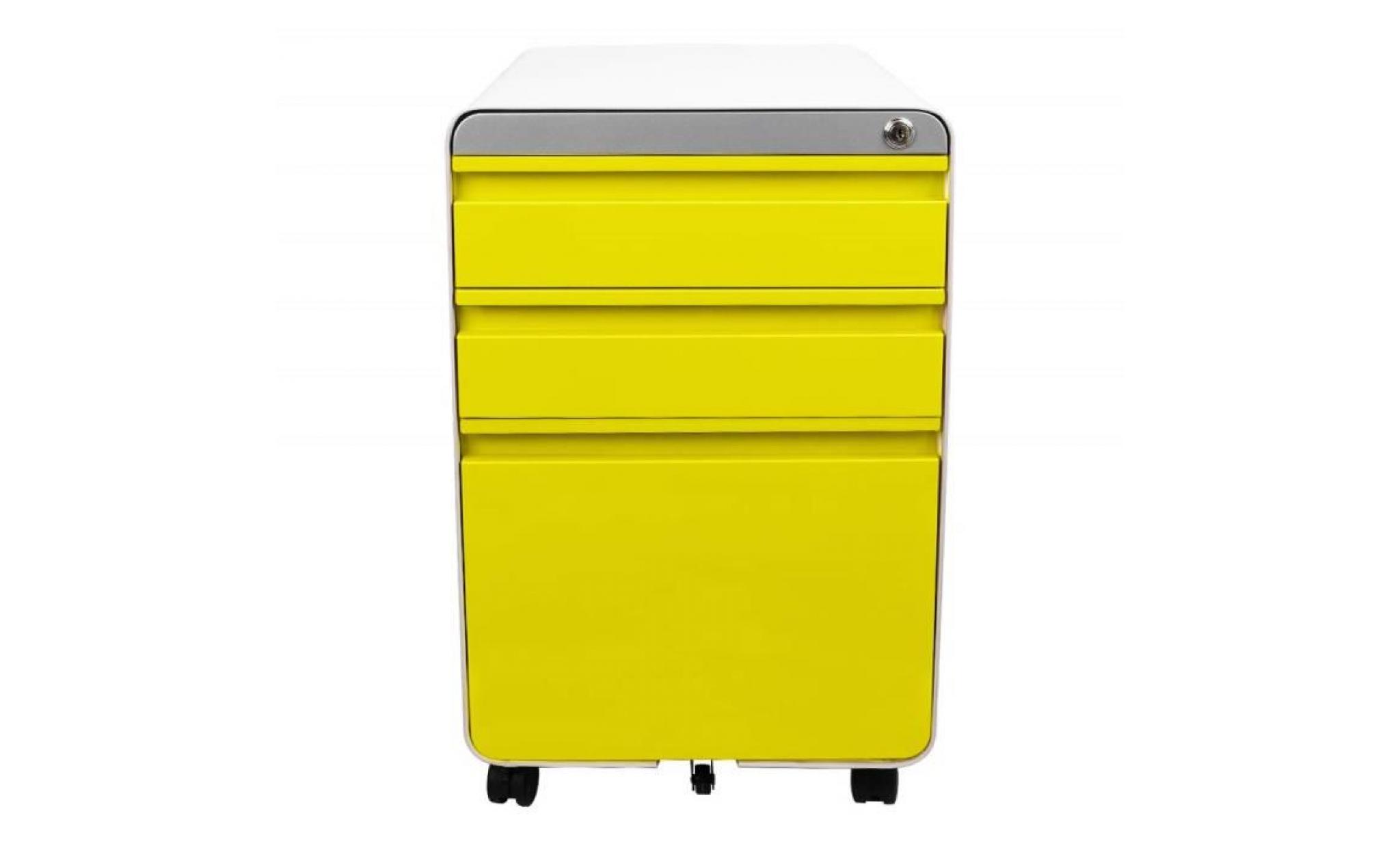 caisson jaune de bureau à roulette 3 tiroirs rangement meuble armoire verrouillable classeur en métal 5 roues 40x50x 62cm dossier