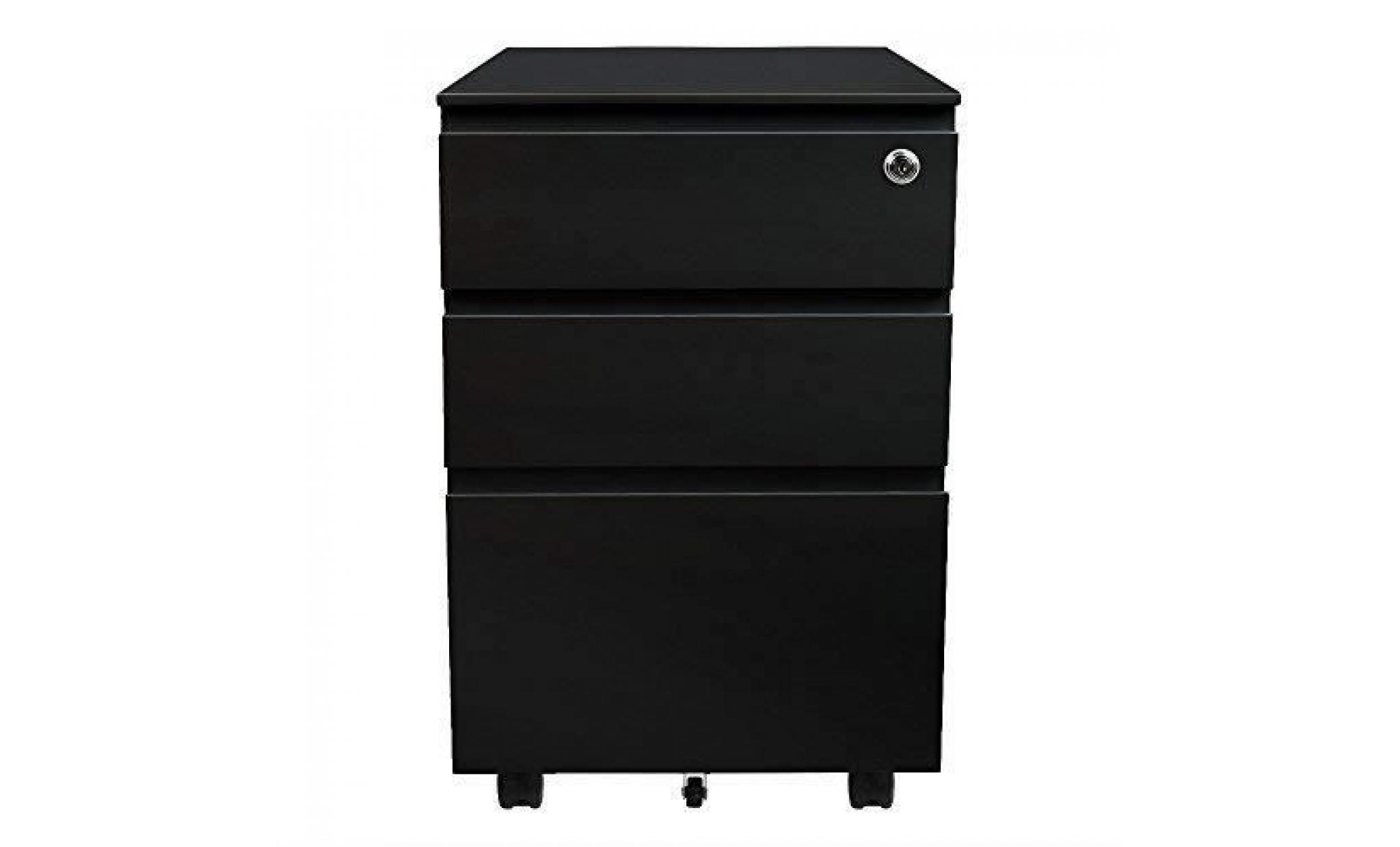 caisson noir de bureau à roulette 3 tiroirs,caisson de rangement meuble armoire de bureau, verrouillable classeur en métal 5 roues