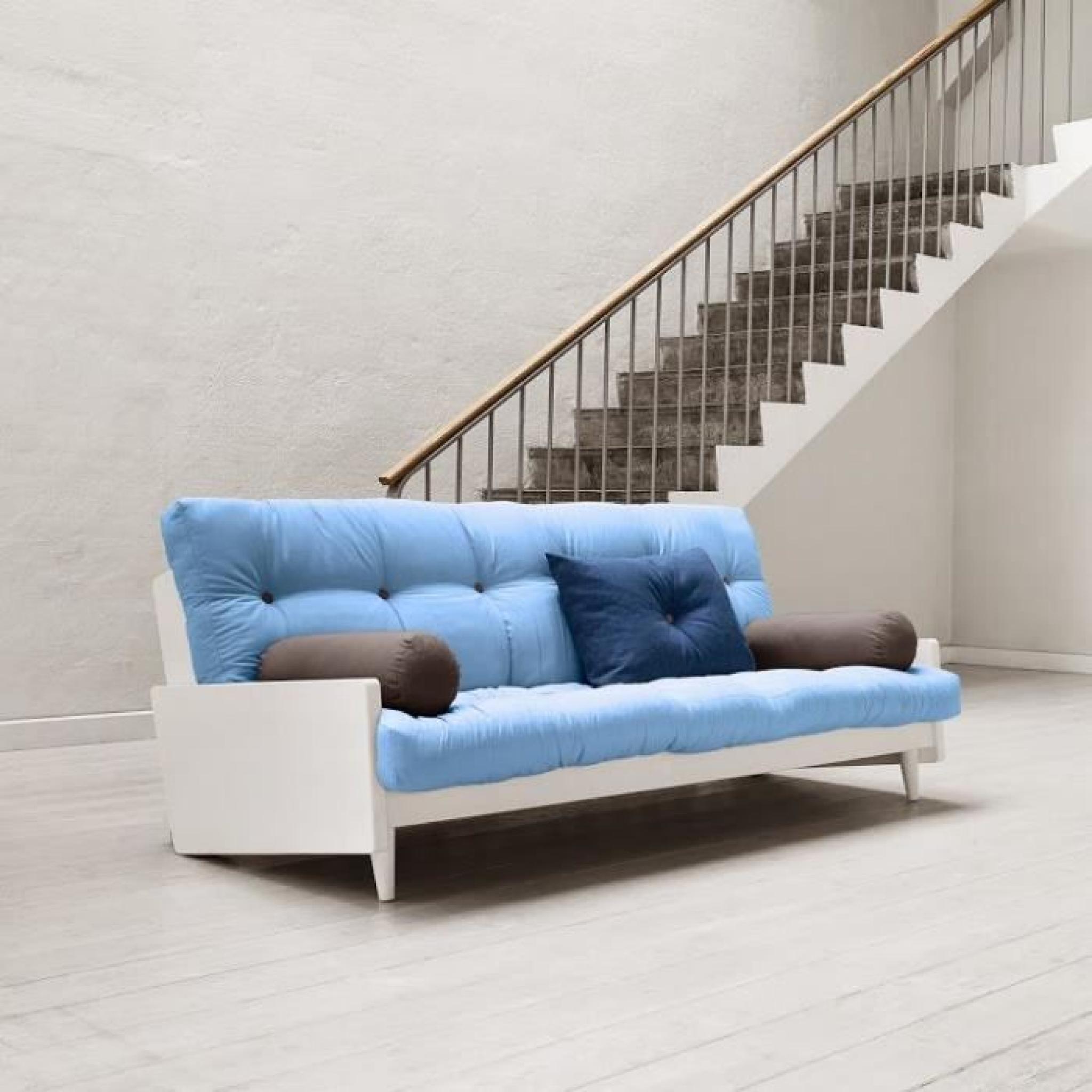 Canapé blanc 3/4 places convertible INDIE futon bleu celeste couchage 130*190cm