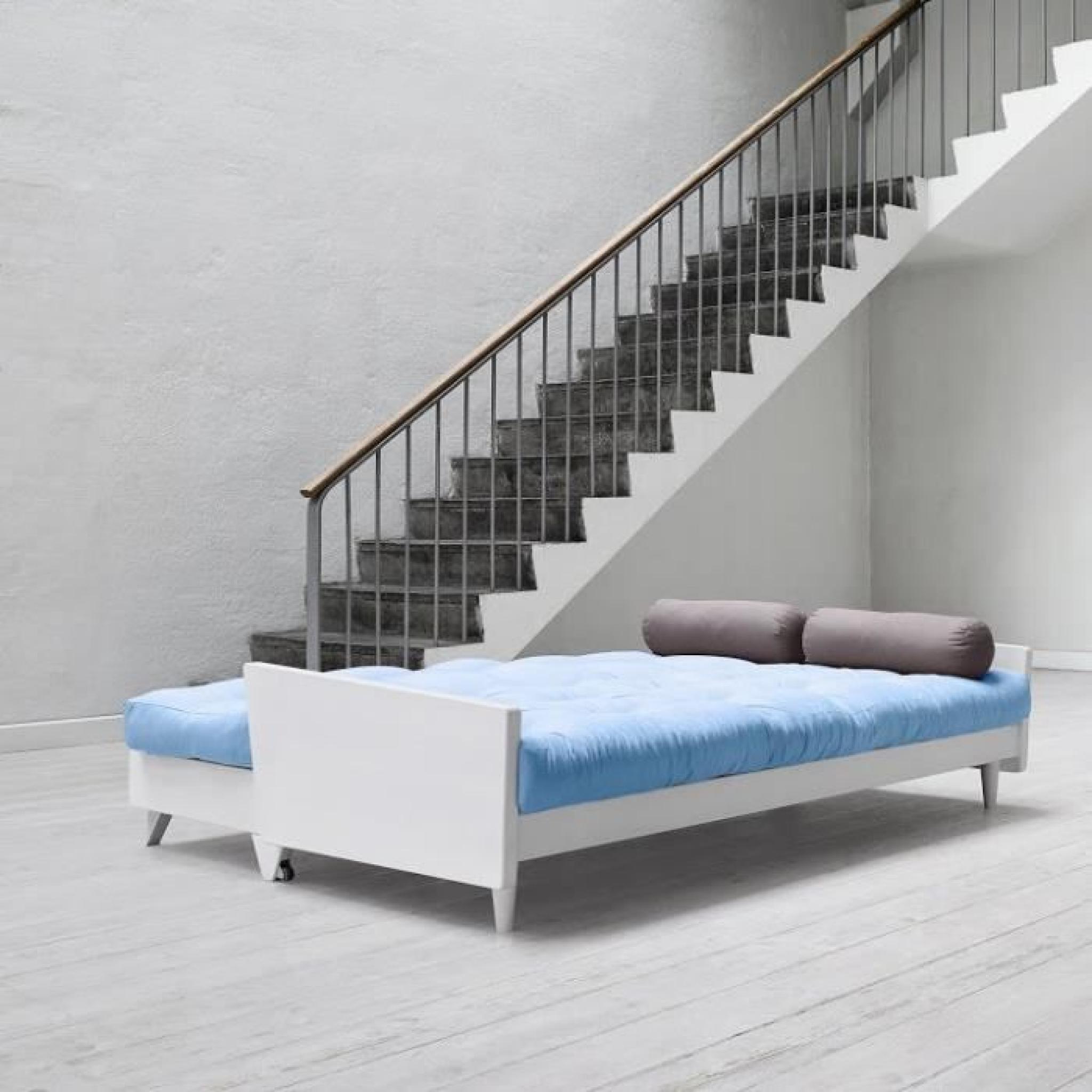 Canapé blanc 3/4 places convertible INDIE futon bleu celeste couchage 130*190cm pas cher