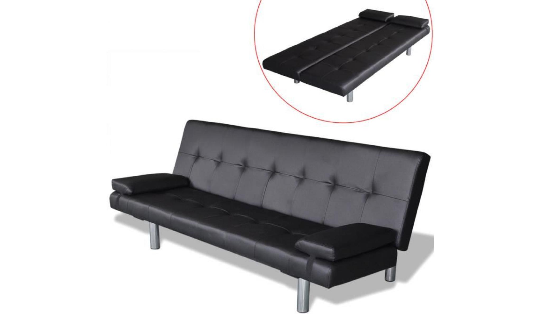 canapé lit ajustable clic clac en bois + cuir artificiel pour intérieur maison avec 2 oreillers noir