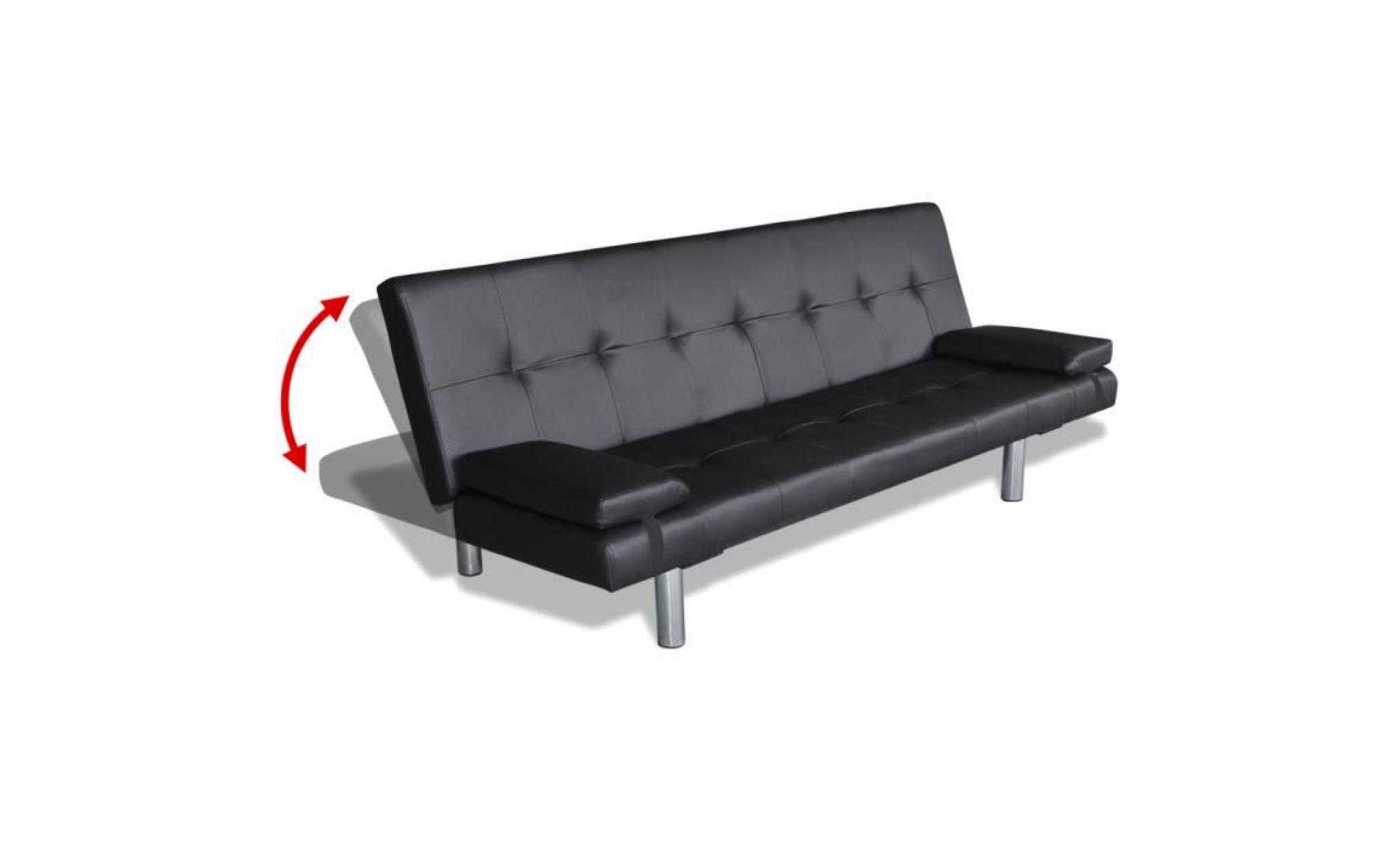 canapé lit ajustable clic clac en bois + cuir artificiel pour intérieur maison avec 2 oreillers noir pas cher