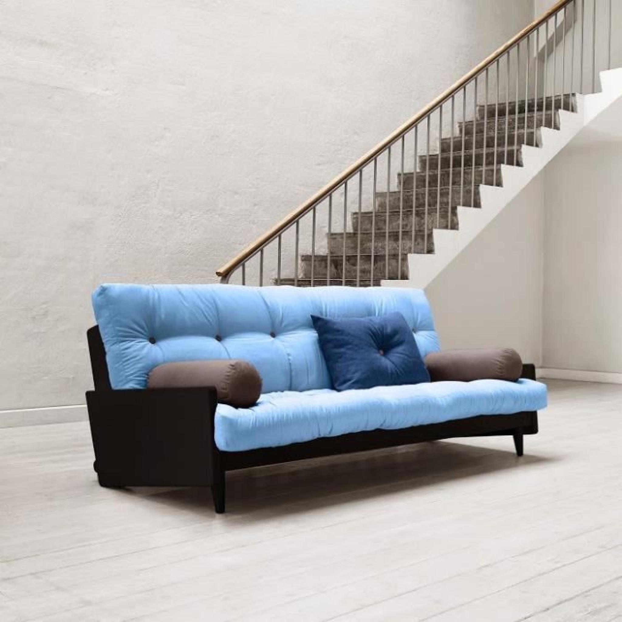 Canapé noir 3/4 places convertible INDIE futon bleu celeste couchage 130*190cm