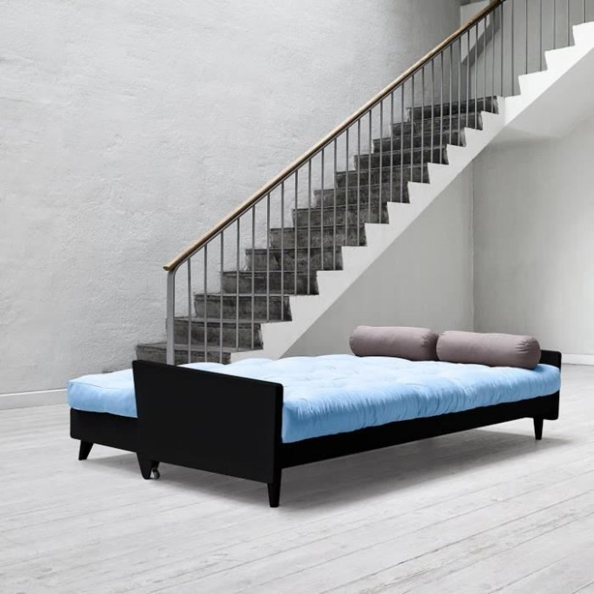 Canapé noir 3/4 places convertible INDIE futon bleu celeste couchage 130*190cm pas cher