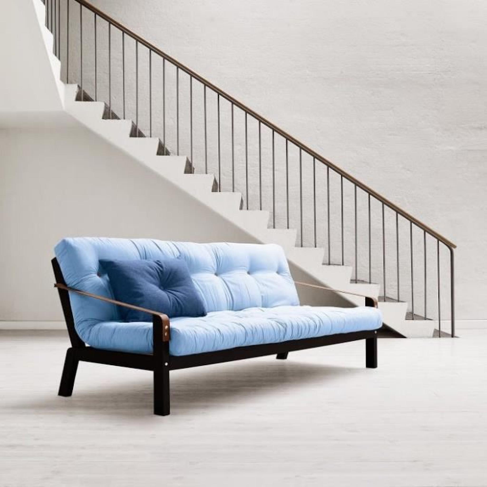 Canapé noir 3/4 places convertible POETRY futon bleu celeste couchage 130*190cm
